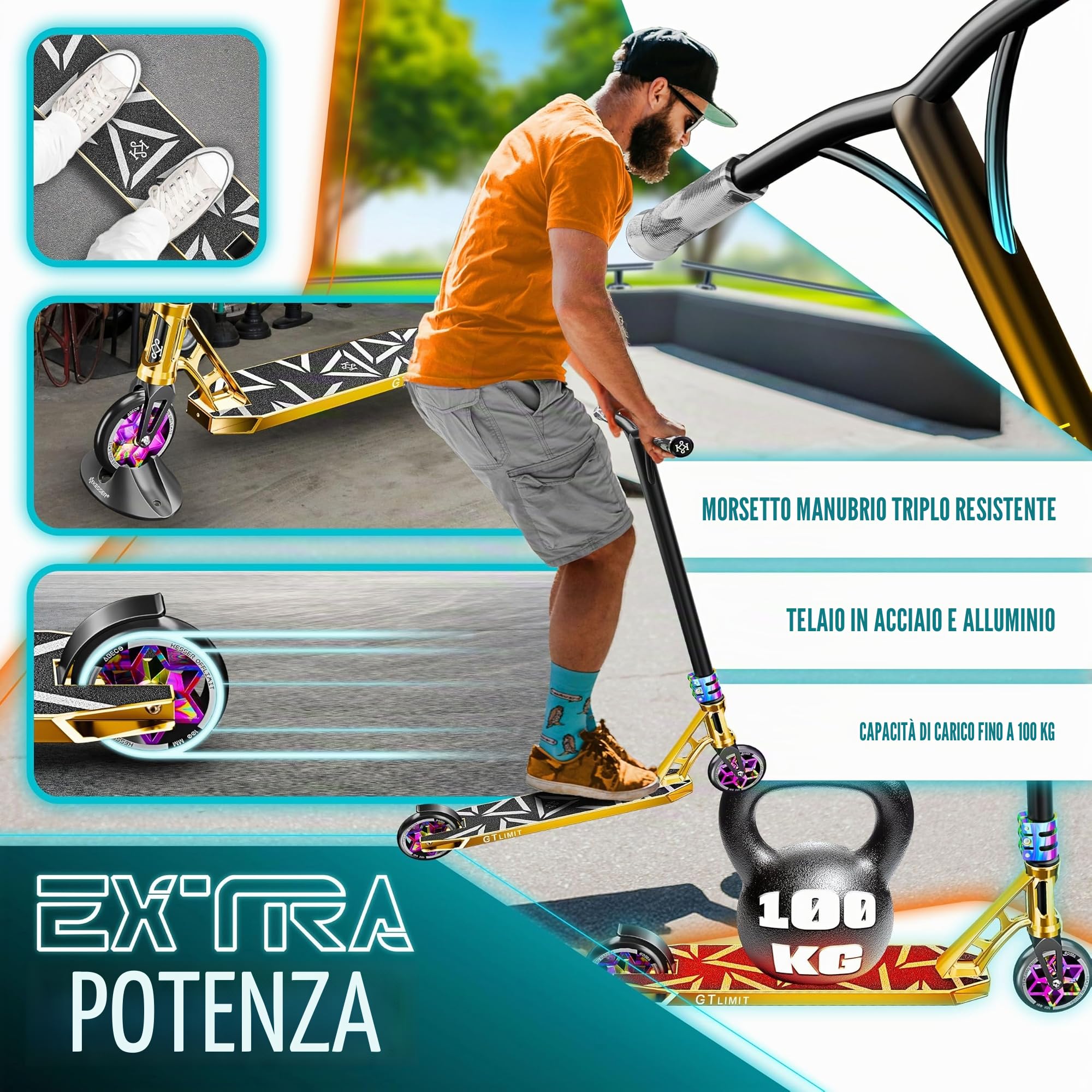 KESSER® monopattino acrobatico GT-Limit 360° sterzo divertente acrobatico con supporto ABEC 9 cuscinetti a sfera, ruote in PU da 110 mm, Scooter