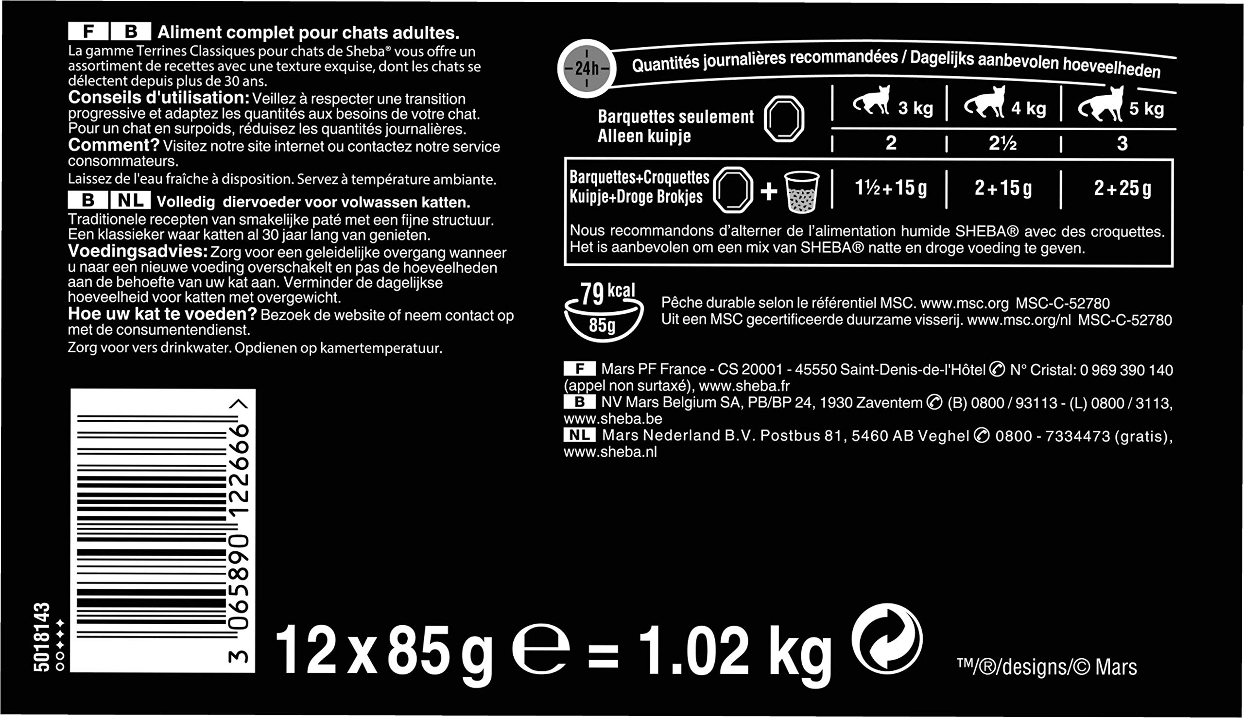 Mars Sheba Terrines Classiques - Barquettes pour Chat Adulte, Coffret océan, 72 barquettes de 85g