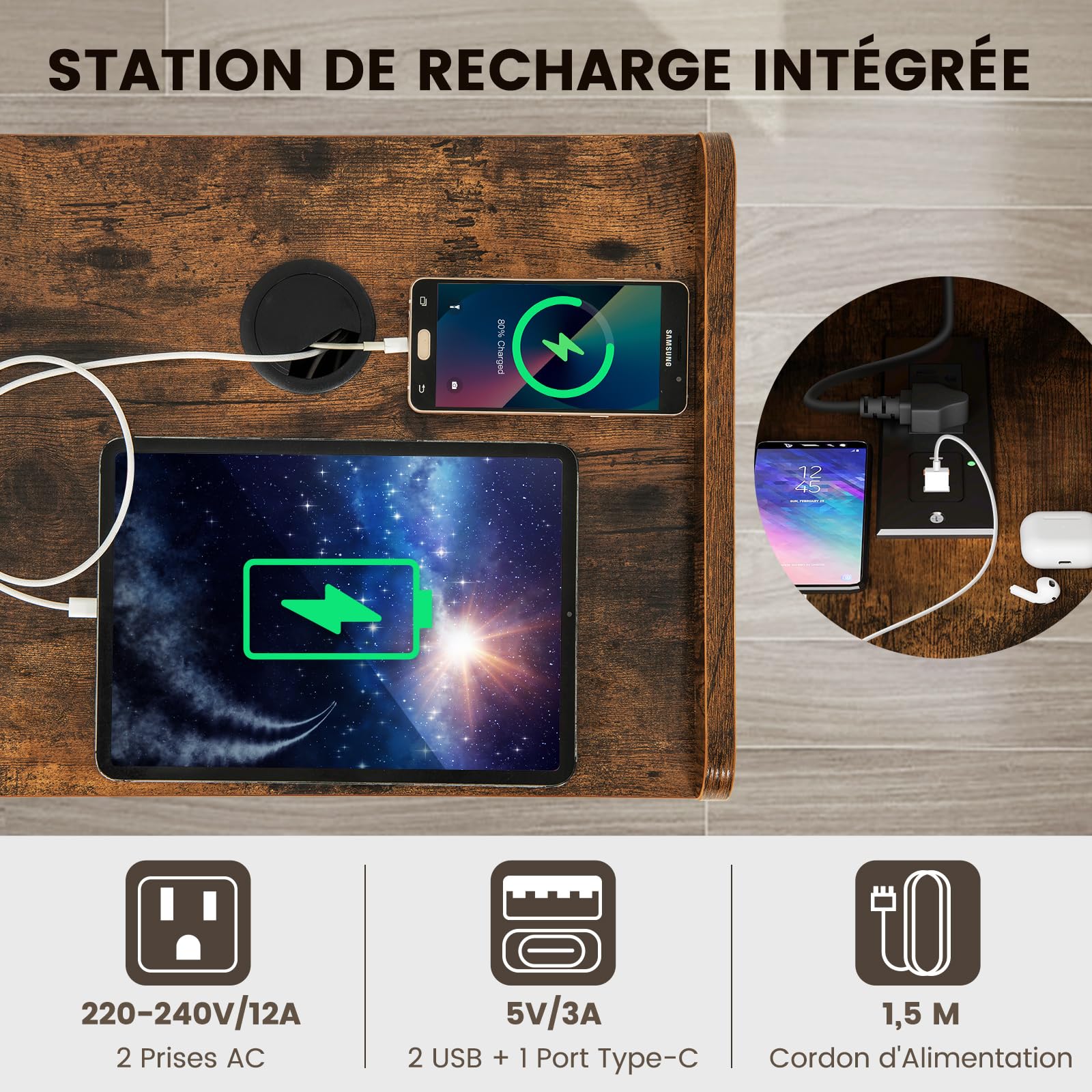 COSTWAY Table d’Appoint avec Station de Charge,2 Prises,1 USB Charge Rapide,1 Type-C,Pieds en Métal,Bout de Canapé, Armoire Meuble Tourne-Disque Vinyle avec Prise pour Salon Chambre (Marron Rustique)
