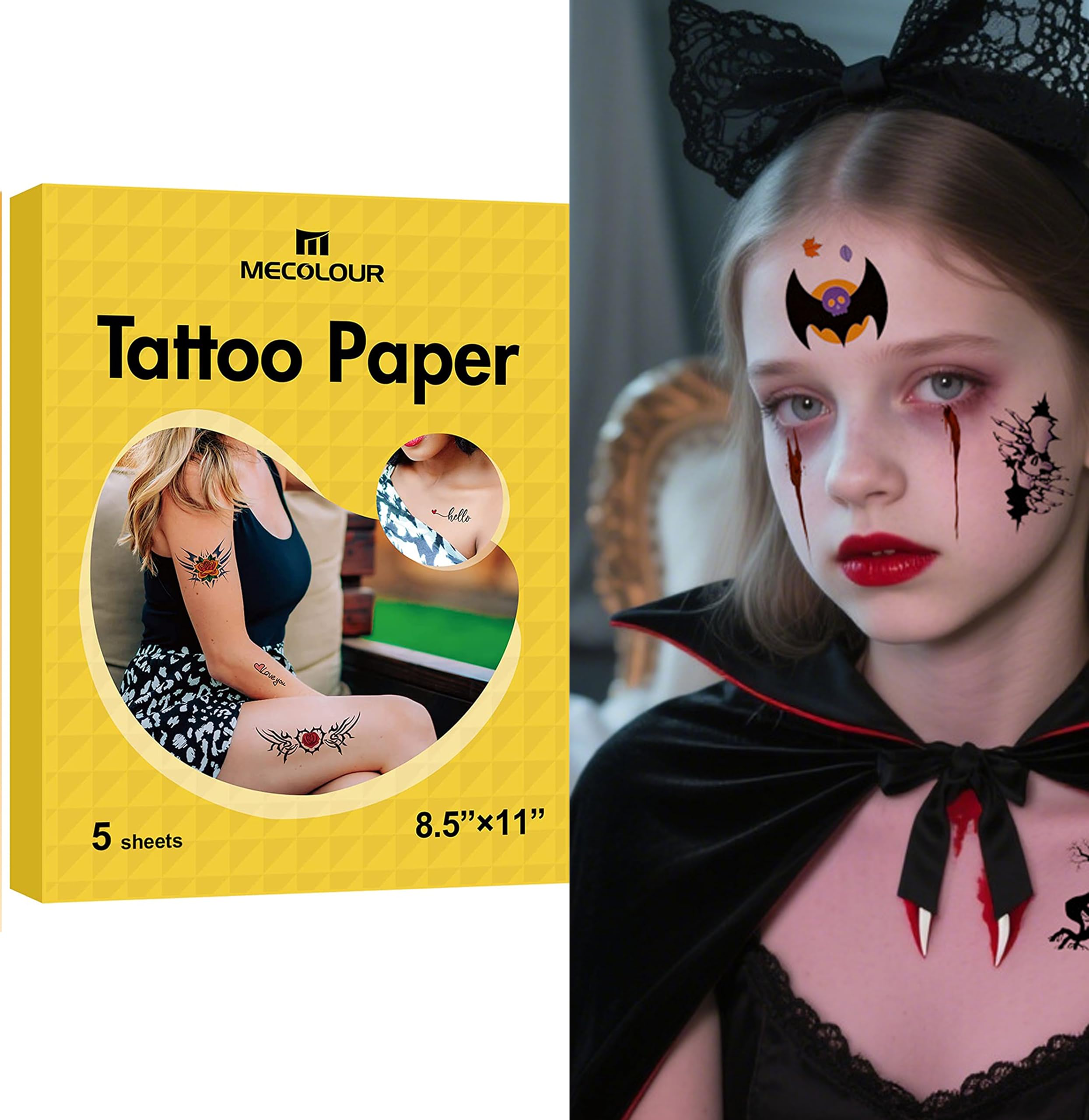 MECOLOUR Printable Temporary Tattoo Paper 8.5"X11"-5 Sets for Inkjet printer DIY Image Transfer Decal Paper for Skin, For Halloween, Celebrate Festivals, Parties, Birthday Bashes,New Year