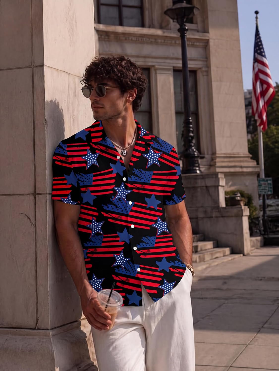 WHO IN SHOP Men's 4th of July American Flag Patriotic Shirts Short Sleeve Button Up USA Memorial Day Shirts