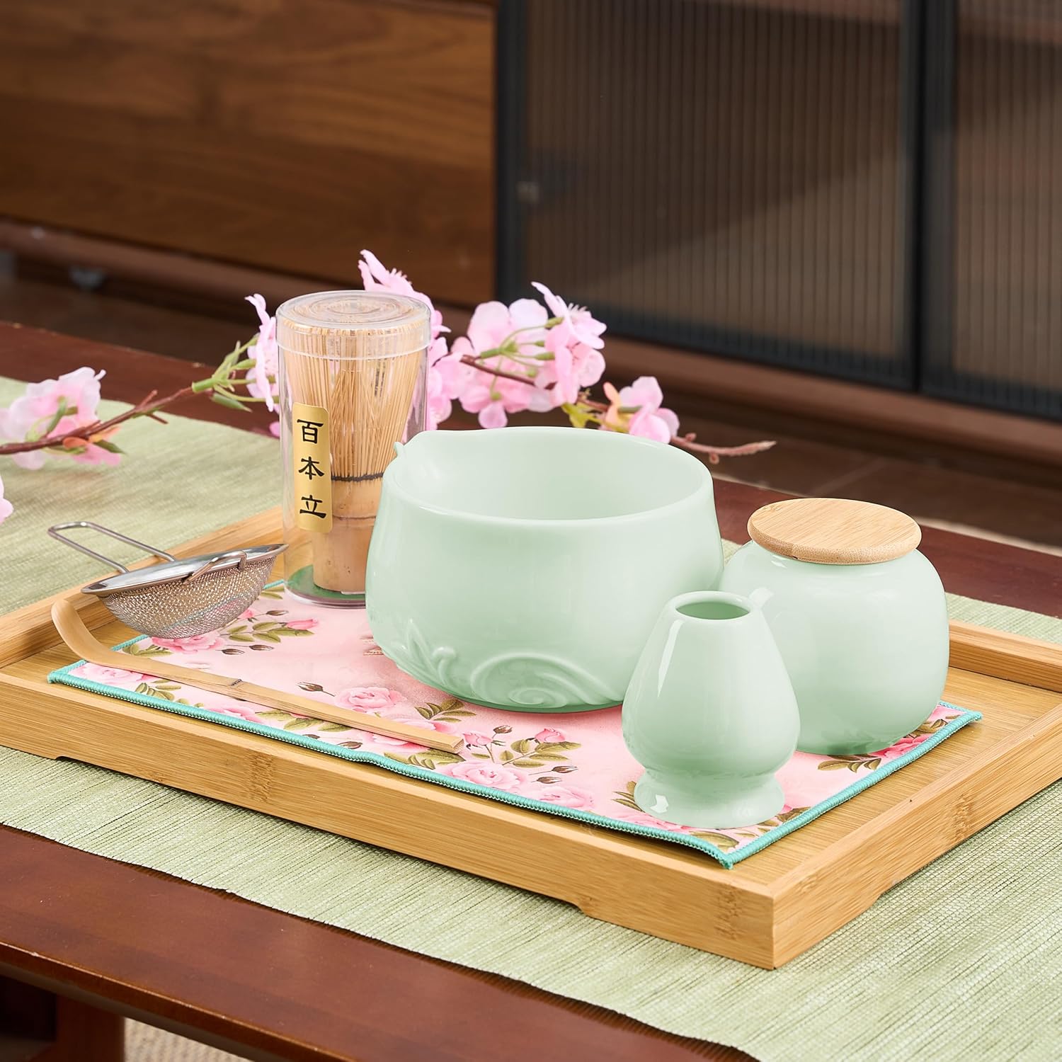 Matcha Whisk Set - 8PCs Backed Ceramic Matcha Kit Set Includes Matcha Bowl (530 ml), Matcha Whisk and Holder, Matcha Tea Caddy, Bamboo Scoop, Sifter and Tea Towel, Matcha Kit for Matcha Lovers (Green)