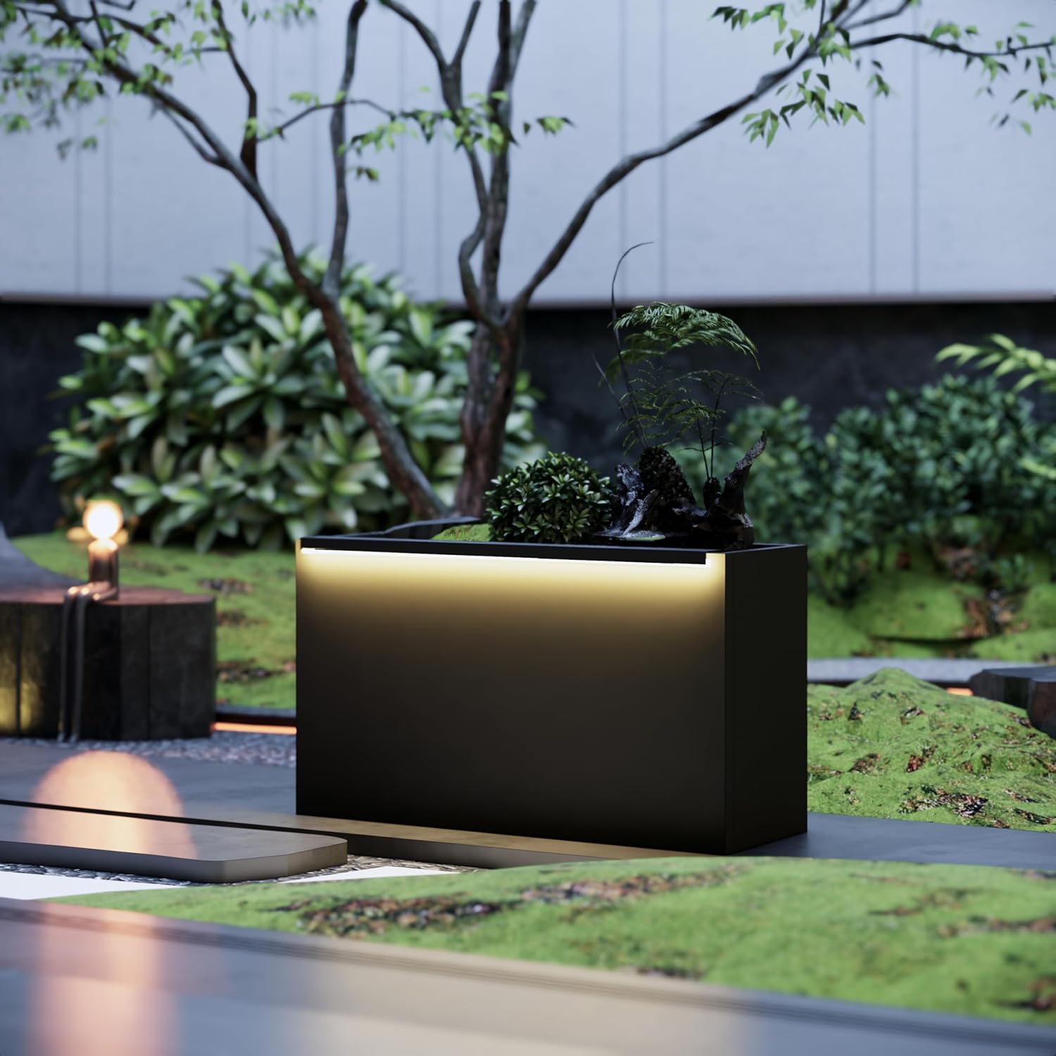 GSK 30 L Black LED Metal Planter Flower Box Vibe LED Lighting Strips ×2 Galvanized Steel Trough Shelf Grow Drainage Holes Indoor Space Rectangular Outdoor Patio Garden Decor Plant Herbs Houseplants