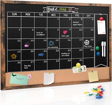 Monthly Chalkboard Calendar & Cork Board Combo, 24" x 36", Magnetic, Wall Mounted, Blackboard for Office, Kitchen, School, Home