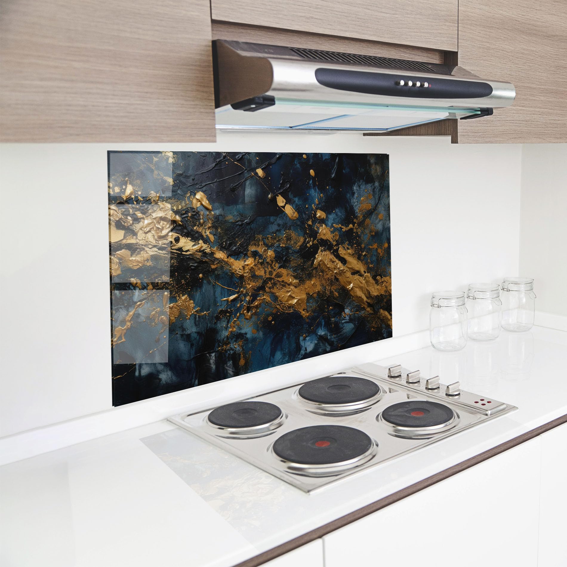 ARTHUB® Crédence de Cuisine en Verre 50x70 cm, Gold Explosion | Protection Contre Les éclaboussures, Revêtement Mural en Carreaux, Plaque en Verre, Verre trempé, Abstrait, Art Abstrait