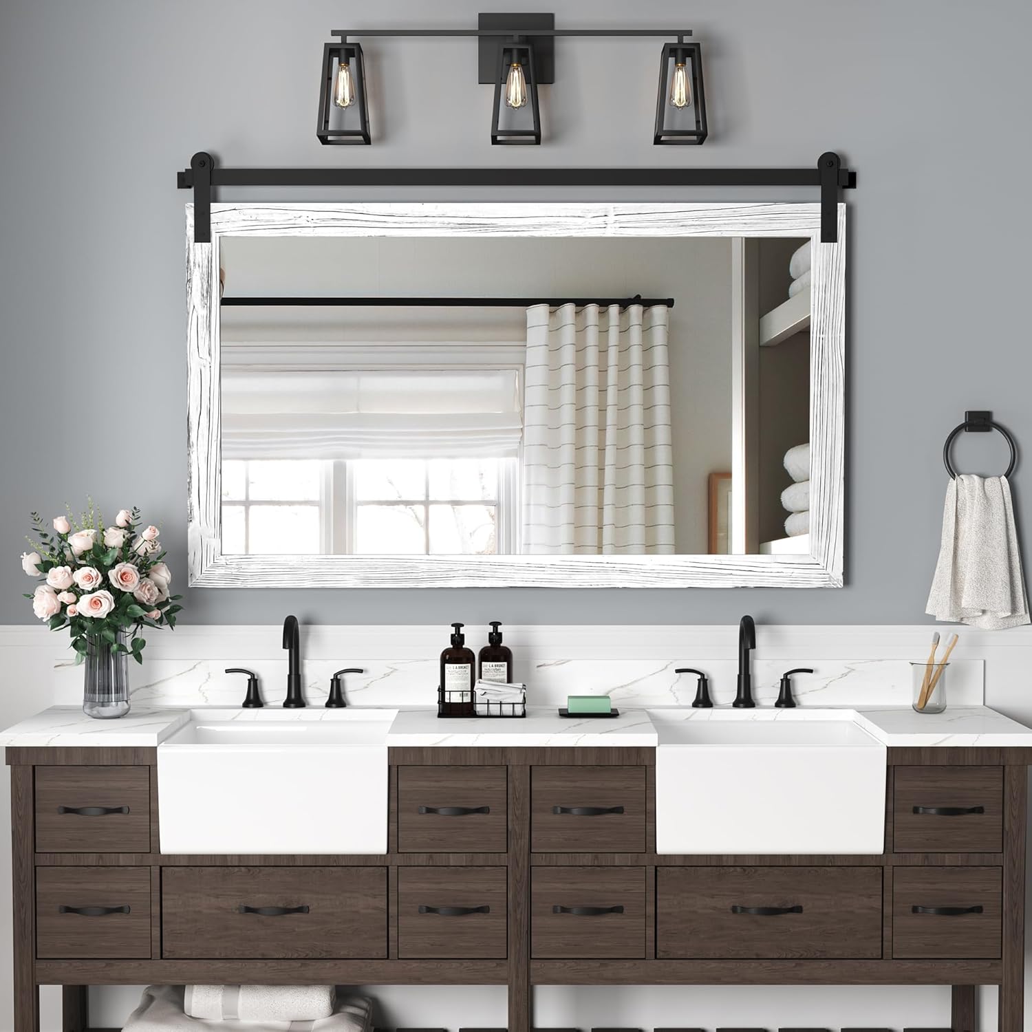 COGOOD Farmhouse Bathroom Mirror - 49 x 30 Rustic Wood Framed Wall Barn Door Mirror for Entryway, Living Room, Entryway Wall Decor (White) White 47.2"L x 27.6"W