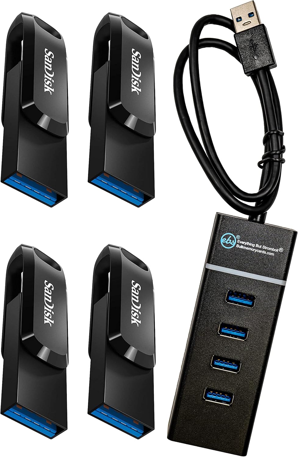 SanDisk 64GB Ultra Dual Drive Go (SDDDC3-064G-G46) 2-in-1 USB Type-A & Type-C Flash Drive - 4 Pack Bundle with (1) Everything But Stromboli 4 Port USB 3.0 Hub