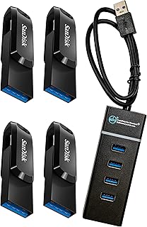 SanDisk 32GB Ultra Dual Drive Go (SDDDC3-032G-G46) 2-in-1 USB Type-A & Type-C Flash Drive - 4 Pack Bundle with (1) Everything But Stromboli 4 Port USB 3.0 Hub
