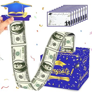2025 Graduation Money Box for Cash Gift, Blue Graduation Money Holder with 10 DIY Letter Papers for Your Weshes, Surprise Money Box for Cash Gift Pull with 30 Pcs Clear Bags Graduation-Blue