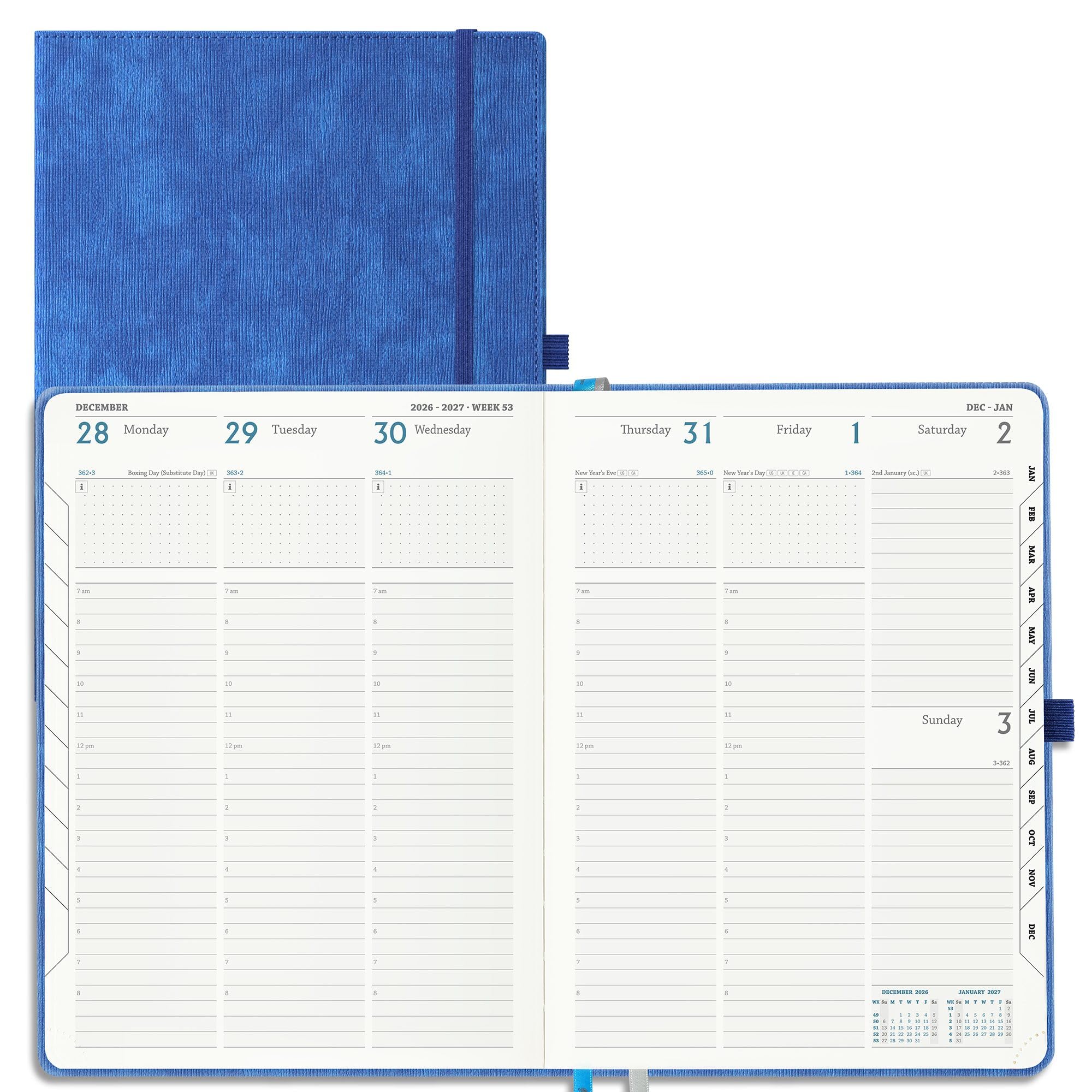 IN-LUXPRO Academic Diary 2026-2027 Week to View A4 Large(29x21.5 cm) 18 Months (Jul'26 - Dec'27) Mid Year Diary 26/27 Vertical Weekly Planner with Timeslots& Month Tabs, PU Leather Blue