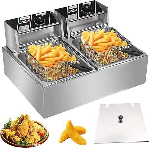 Timoau Freidora eléctrica con 2 cestas y tapas, 3500 W, 12.7 cuartos de galón 12 litros, encimera comercial de acero inoxidable de doble tanque