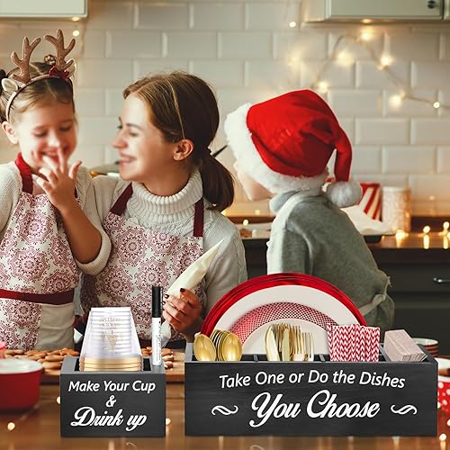 Miniatura 7 de Juego de soportes para platos de papel, dispensador de platos de papel con soporte para tazas grande, organizador de utensilios de cocina rústico