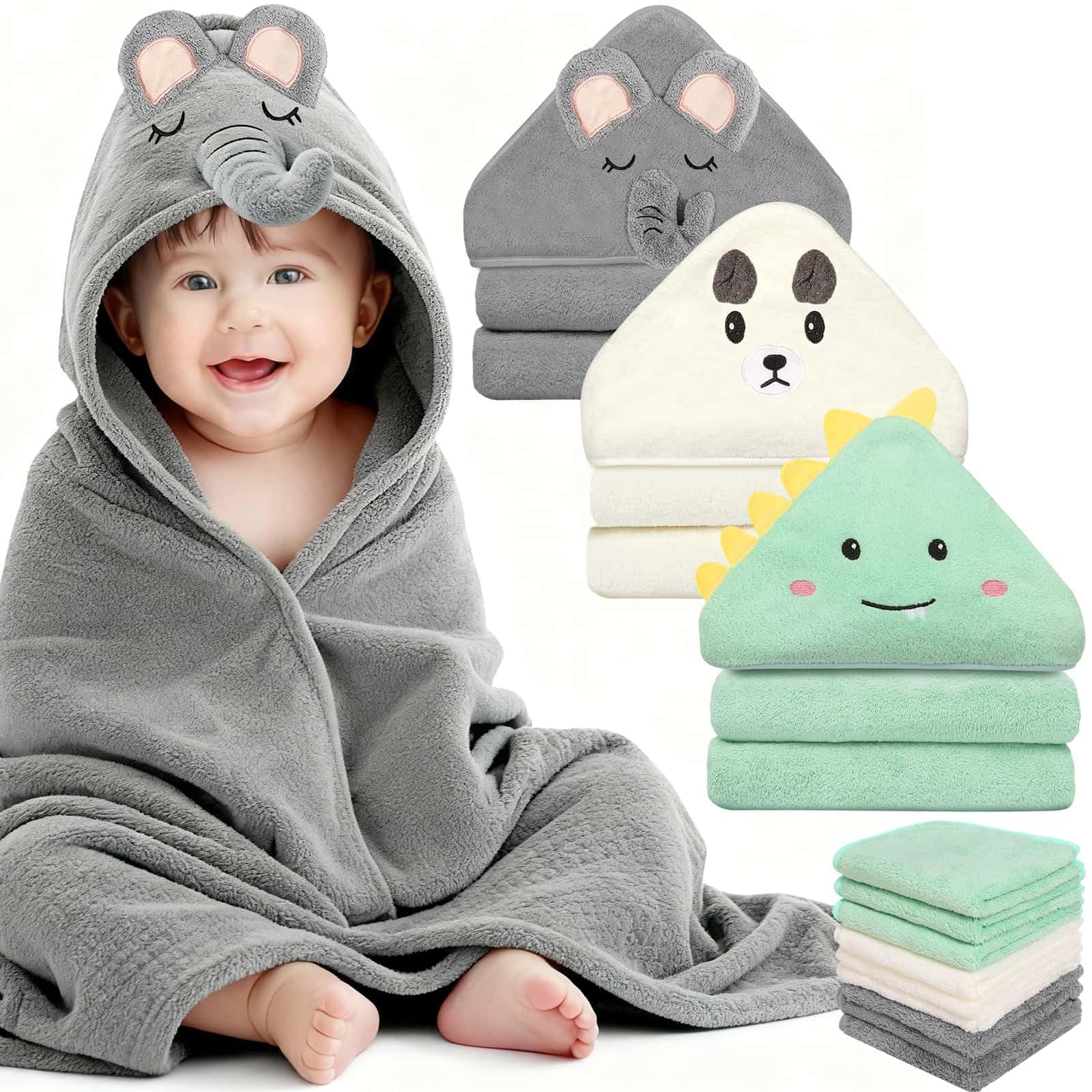 Sublaga 78,9 x 78,9 cm Baby-Kapuzenhandtücher, 9-teiliges Bad für Jungen, Waschlappen-Set mit niedlichem Design, Duschtuch, Geschenk für Neugeborene, Säuglinge und Kleinkinder