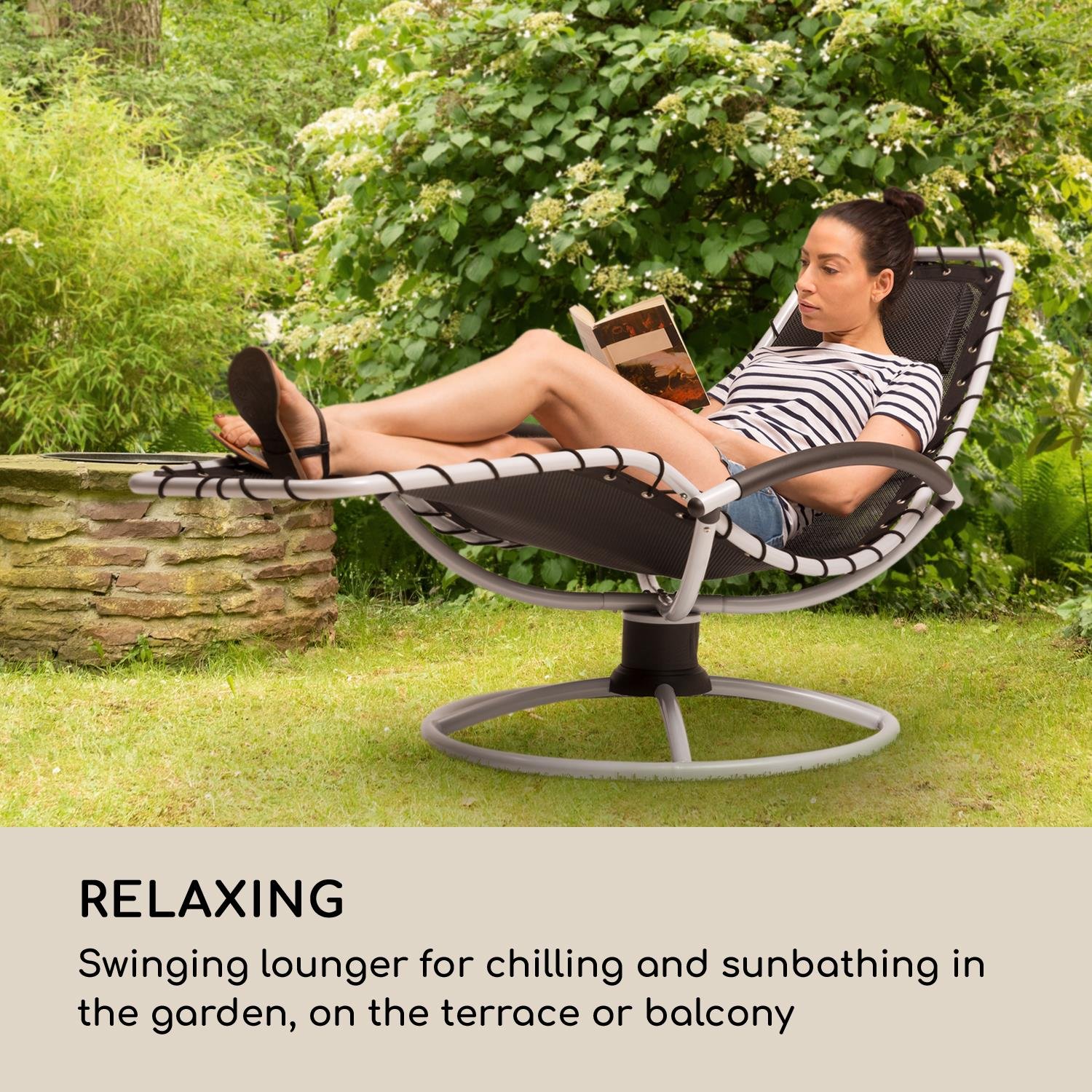 blumfeldt The Chiller - Sedia a Dondolo, Sedia da Giardino, Lettino, Sdraio, Pulizia Facile, Resistente alle Intemperie, Movimento Oscillante a 360°, ComfortMesh, Acciaio Tubolare, Nera