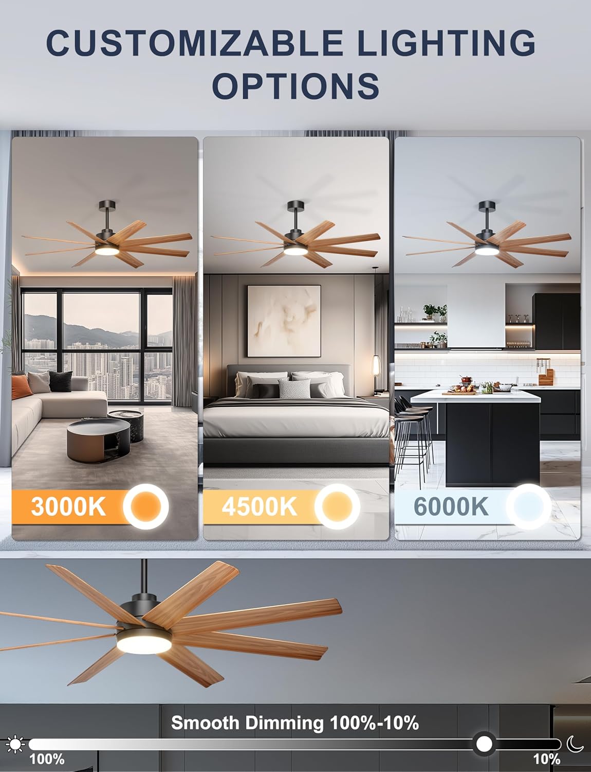 Ohniyou 60'' Ceiling Fan with Light - 8 Blades Modern Farmhouse Ceiling Fan Remote/APP Control, Dimmable, Covered Outdoor Fan for Patio, Living Room, Black+Wood Color