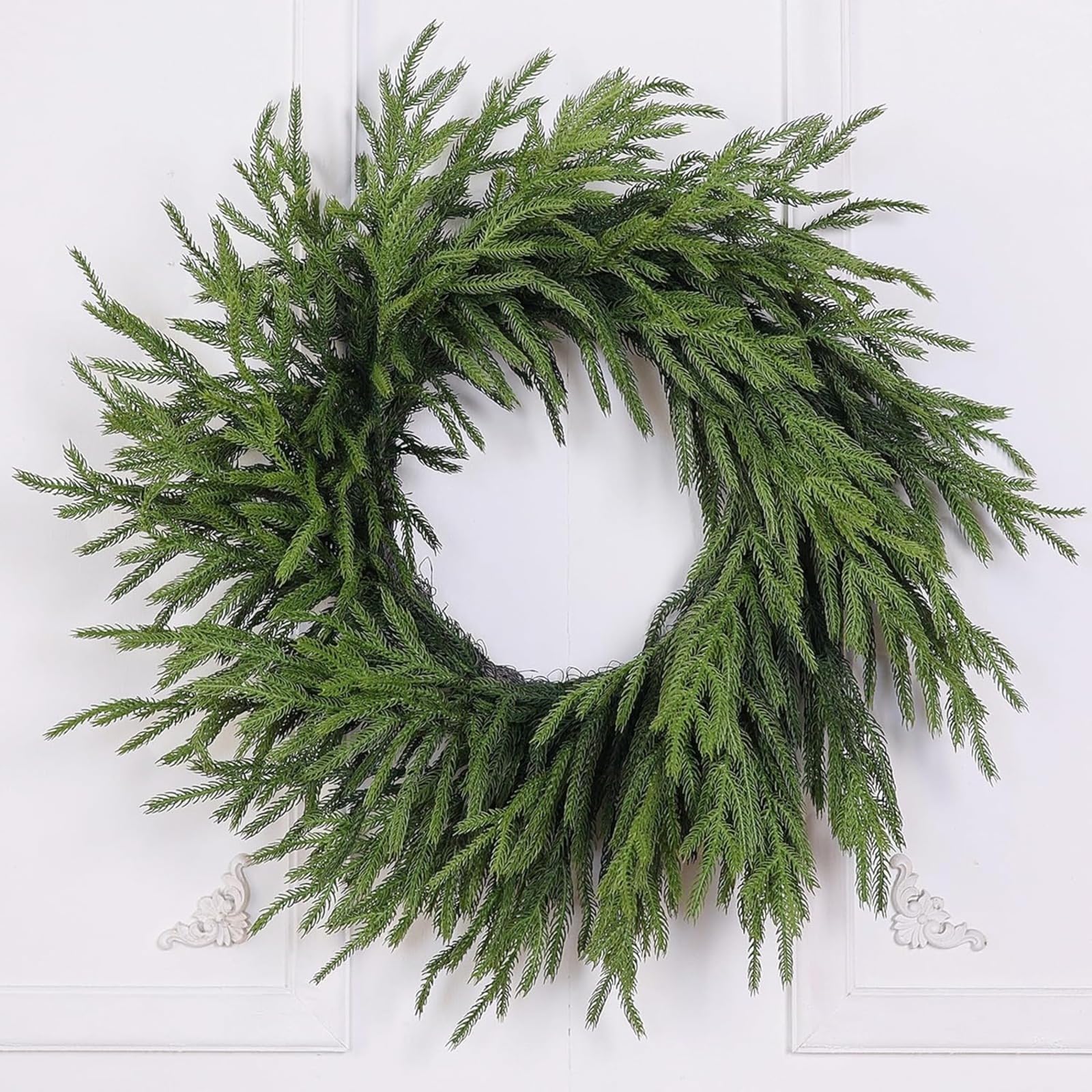 Fenxixione Green Real Touch Norfolk Pine Wreath - 24" Artificial Christmas Wreath Faux Pine Wreath For Front Door, Wall, Windows, Xmas Decoration (Green)