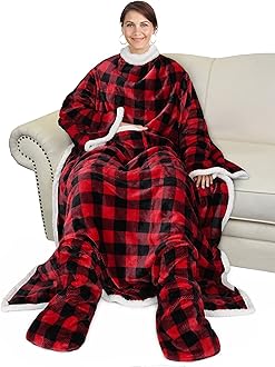 Catalonia Sherpa Wearable Blanket with Sleeves & Foot Pockets for Adult Women Men, Comfy Snuggly Wrap Sleeved Throw Blanket Robe, Gift Idea, Red Checker Plaid