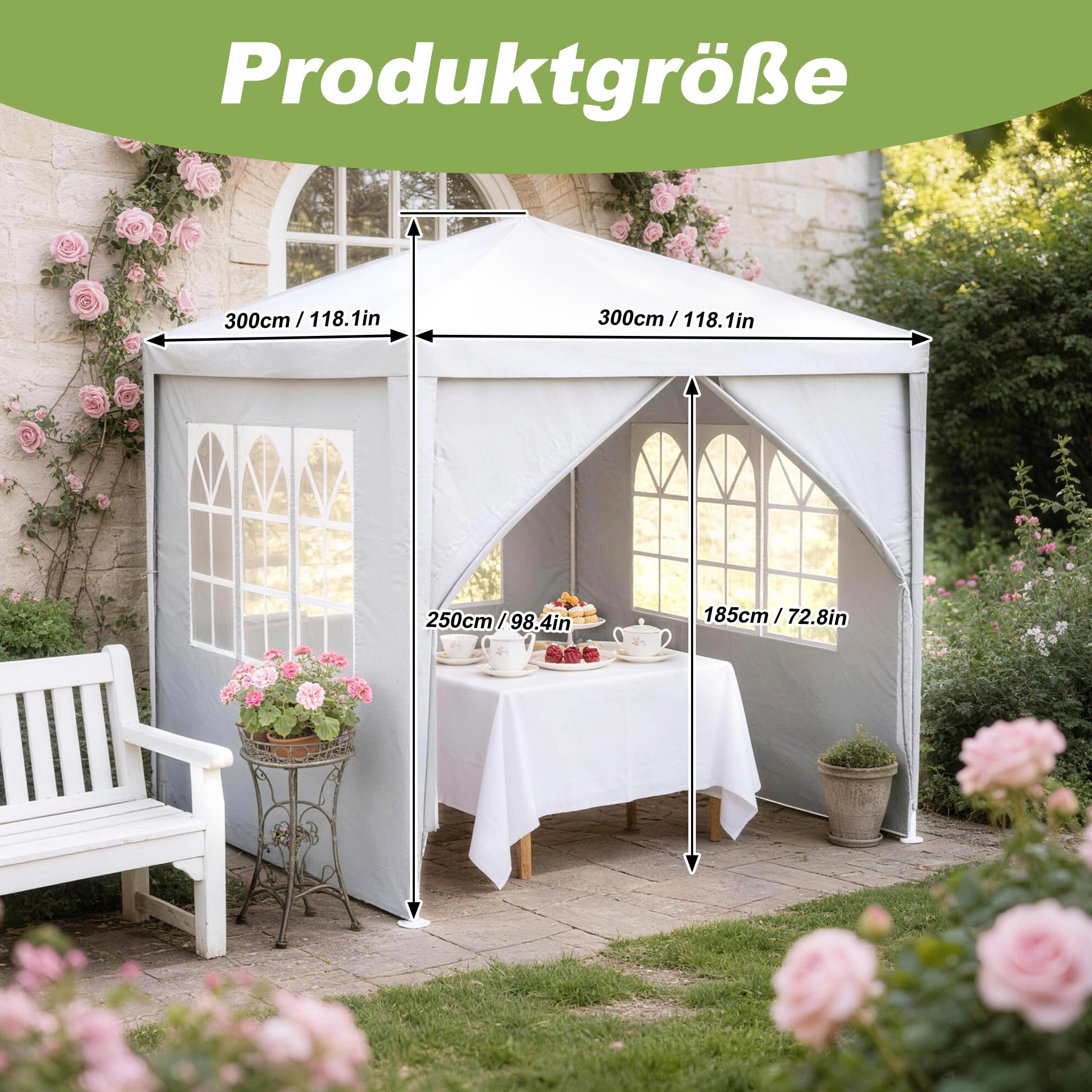 Froadp Carpa de jardín de 3 x 3 m con 4 paredes laterales, para fiestas, estructura de acero, resistente al agua, para jardín, mercado, boda, color blanco