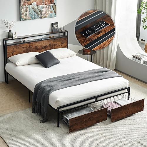 Ljirnt Base de cama tamaño Queen con almacenamiento, marco de cama de plataforma con cabecera de almacenamiento de 2 niveles y tomas de corriente, disponible en Yaxa Colombia