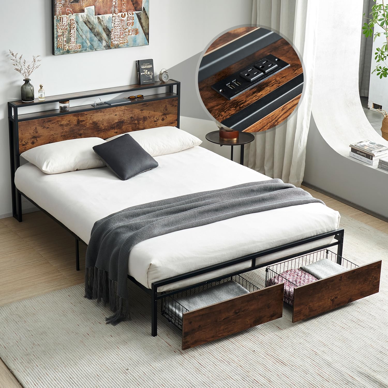 Queen Size Bed Frame with Drawers, Platform Bed Frame with 2-Tier Storage Headboard and Power Outlets, USB Ports Charging Station, Easy Assembly, No Box Spring Needed (Brown)