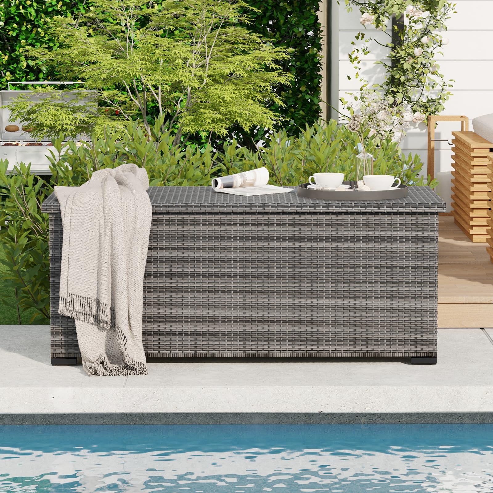 Amopatio Gartenbox Auflagenbox wasserdicht 650 Liter, Kissenbox outdoor aus Polyrattan, Aufbewahrungsbox Metall mit Gasdruckfedern, Gartenkiste wetterfest für Garten, Balkon, (Grau)