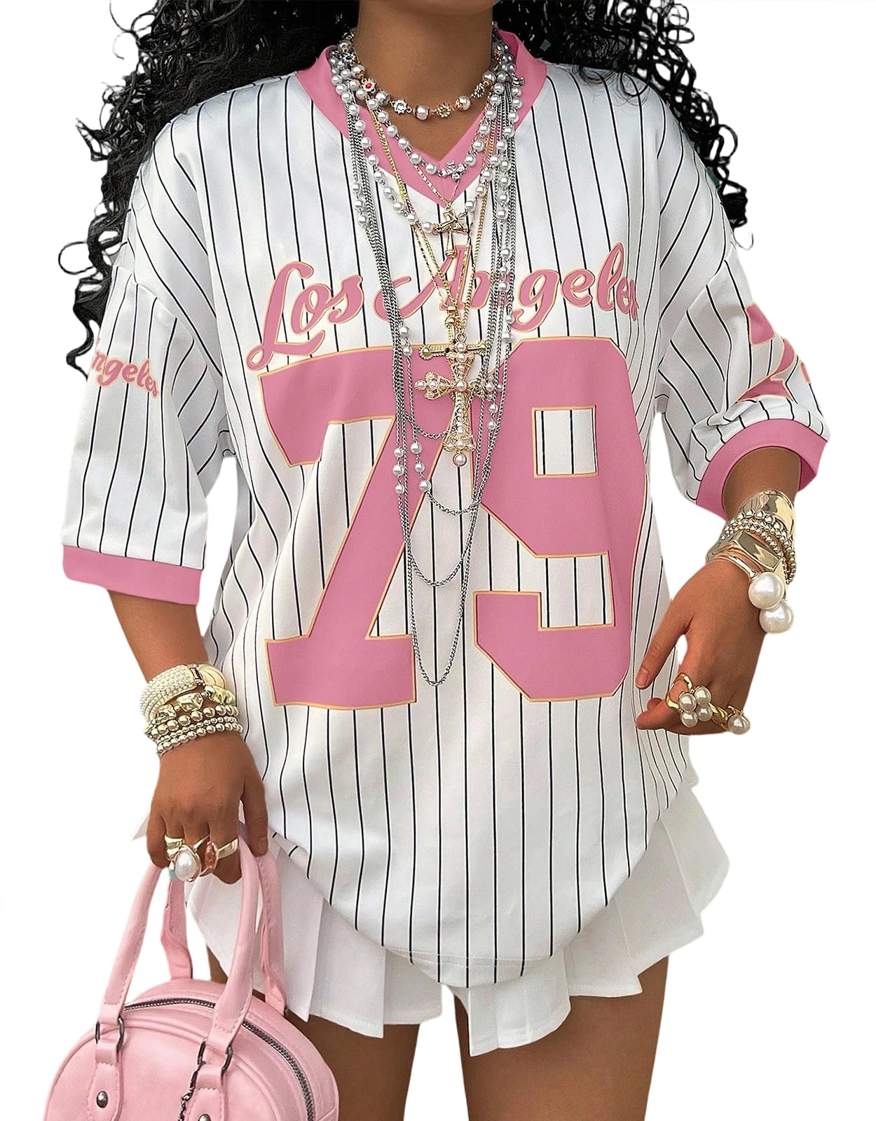 Oversized Jersey Shirts for Women V Neck Tshirt Striped Number Graphic Shirt Casual Y2k Streetwear Tee Tops