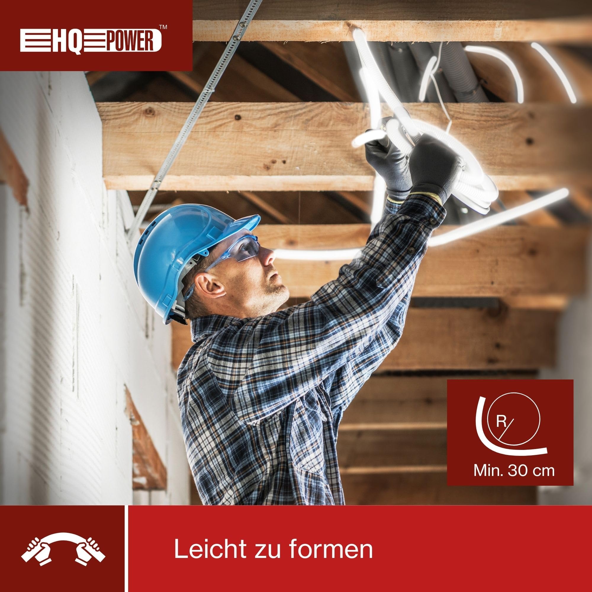 HQ-Power Flexibler LED-Lichtschlauch auf Trommel, Sicherheitsbeleuchtung für Profis, 6500 °K 2850 lm, zum Beleuchten von Baustellen, Treppenhäusern, Aufzugsschächten, geeignet für innen und außen, 30