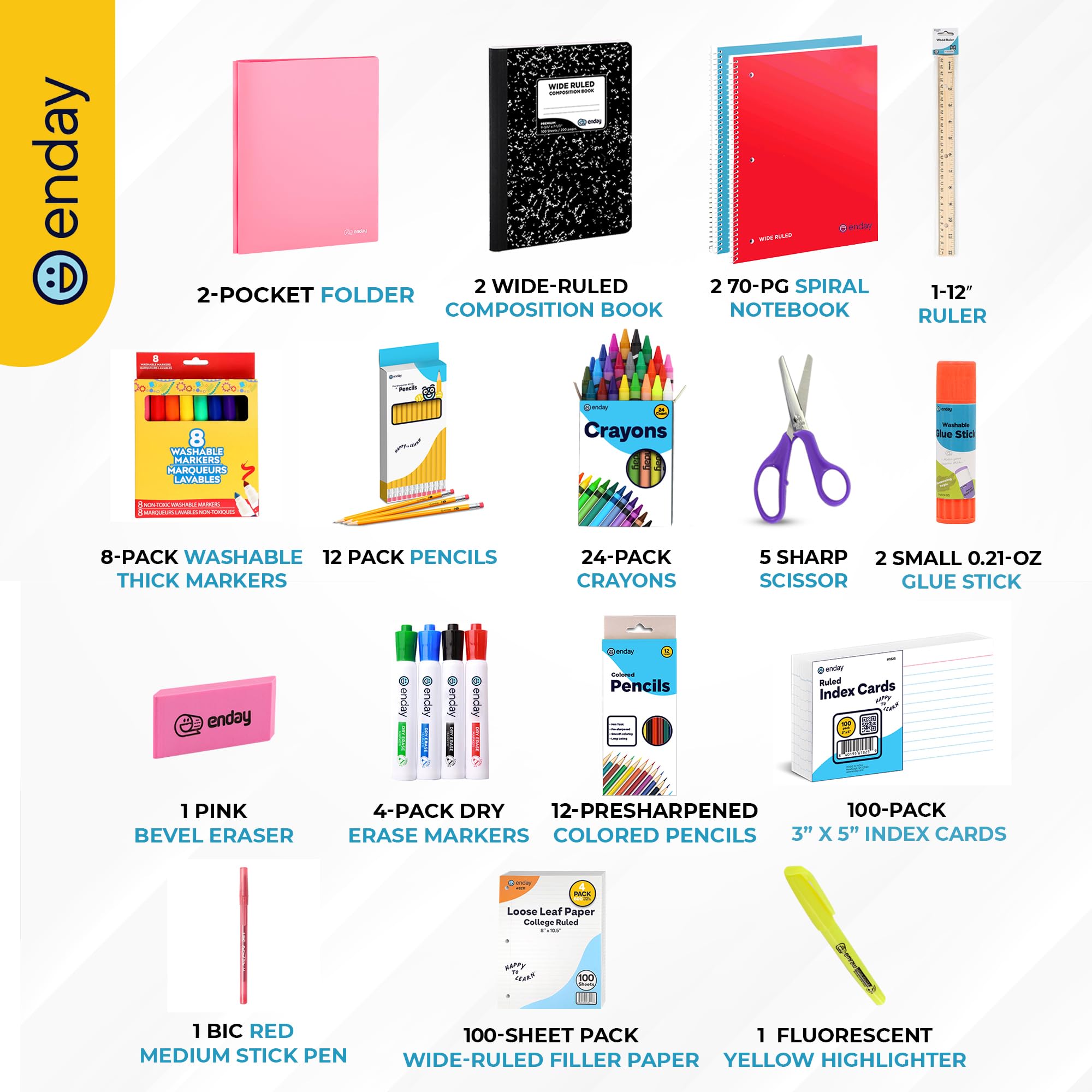 Kit de fournitures scolaires de 2e et 3e classe Enday - Kit de rentrée scolaire de 74 pièces - Fournitures scolaires de qualité supérieure pour enfants pour filles et garçons - Fournitures scolaires