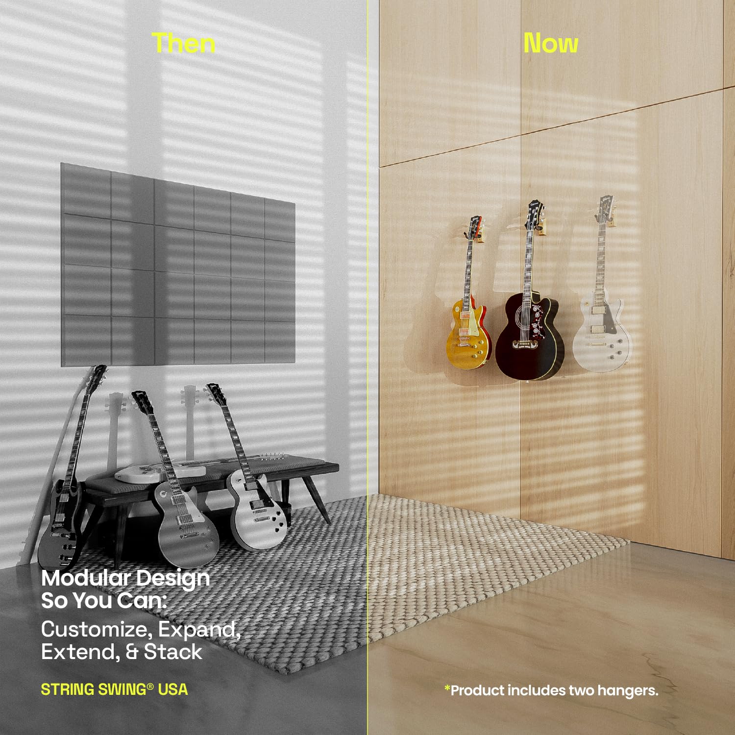 String Swing Soporte para guitarra eléctrica, acústica y bajo, accesorios para el hogar o estudio, seguro para instrumentos musicales sin fundas duras, soporte de pared de madera de cerezo, paquete de