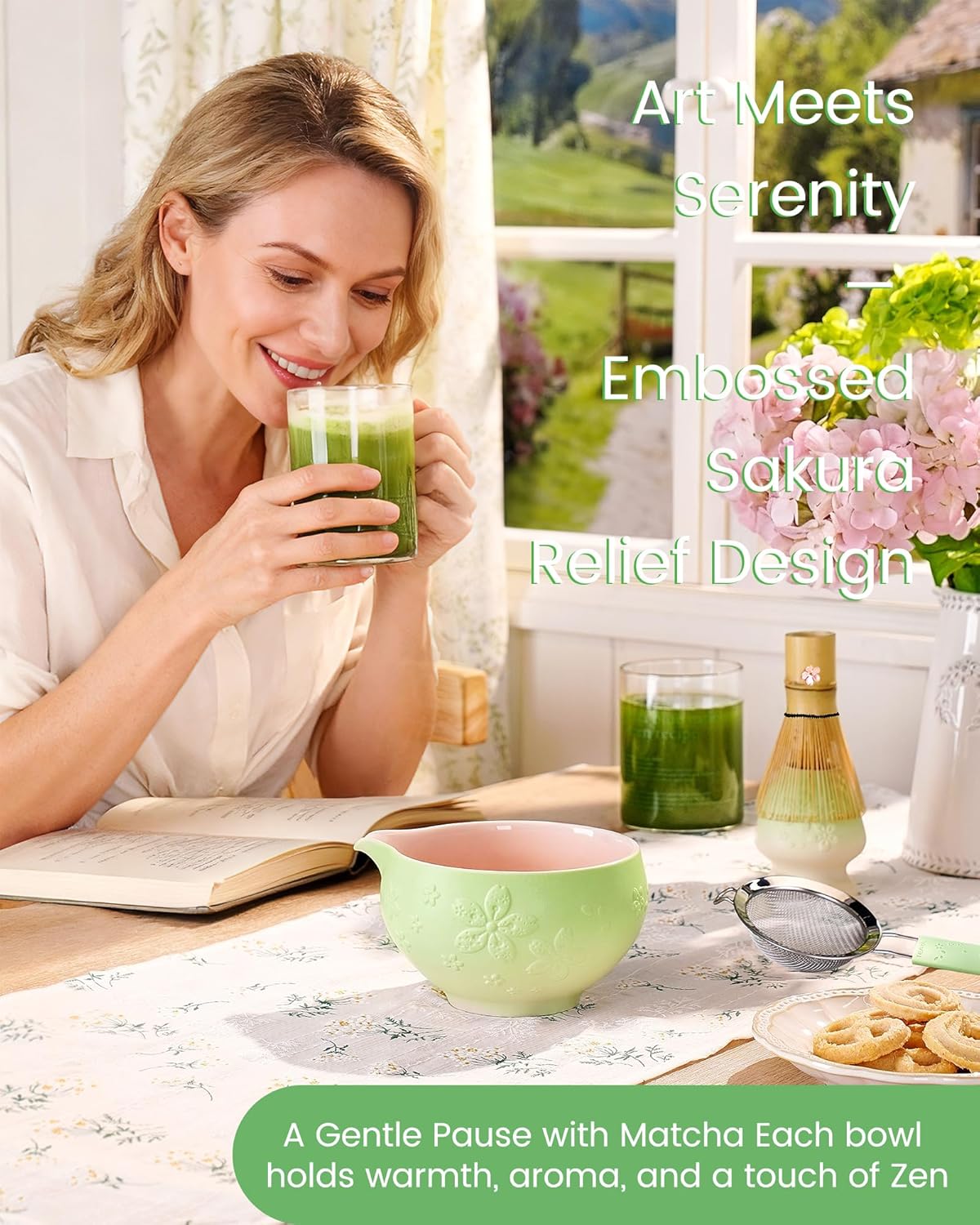 Matcha Whisk Set, 6pcs Matcha Set Includes Matcha Bowl, Bamboo Whisk & Scoop with Cute Charm, Chasen Holder, Innovative Sifter, Tea Mat for Japanese Tea Ceremony, Pale Green - Image 2