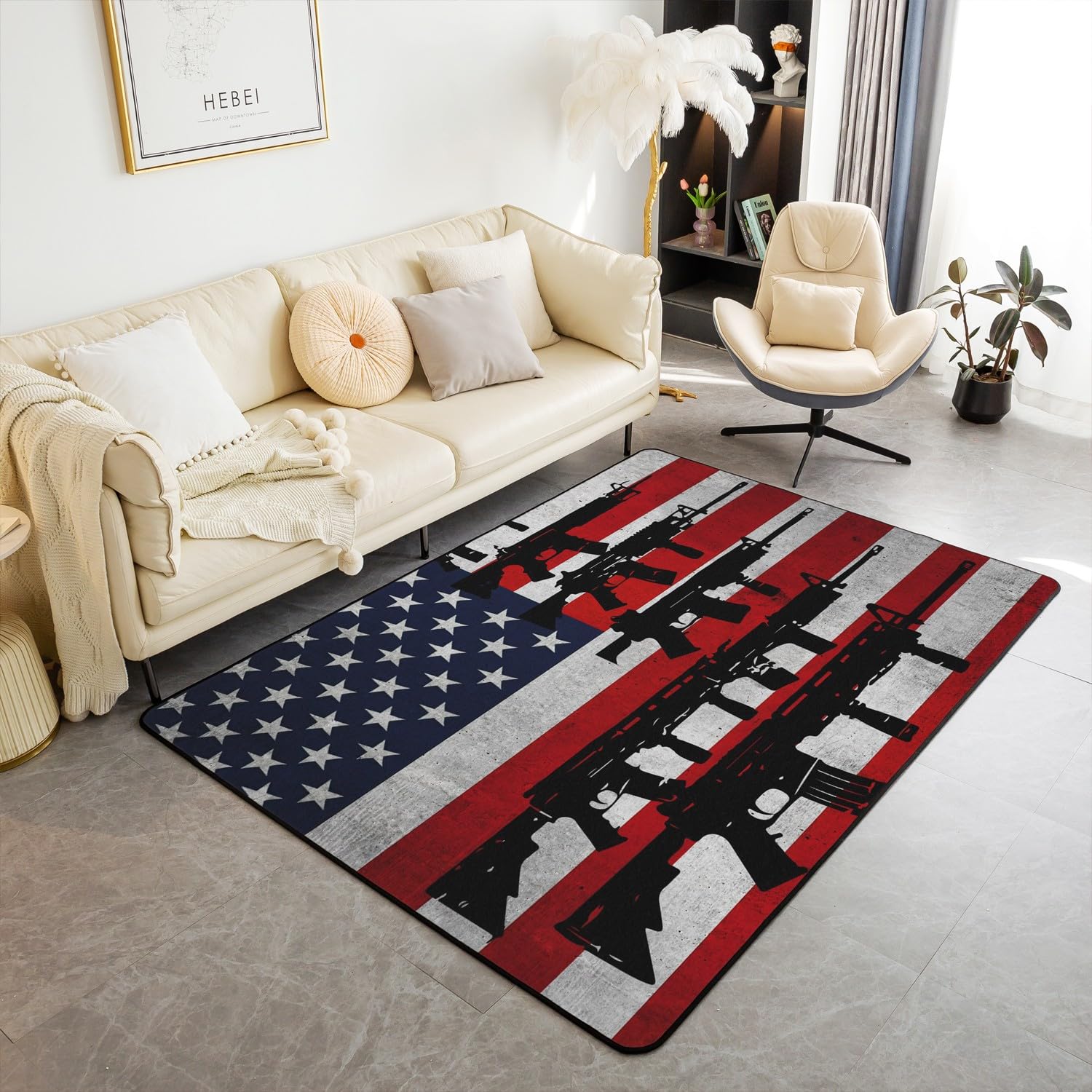 jejeloiu American Flag Indoor Floor Mat Area Rug 5x7 Machine Guns Living Room Rugs Military Decorative Carpet Accent Rug