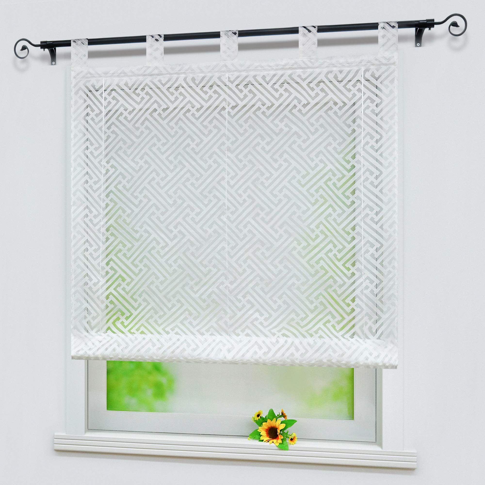 Store Romain Blanc Aspect Lin - 120x140cm, Passants, Semi-transparent, Sans Perçage