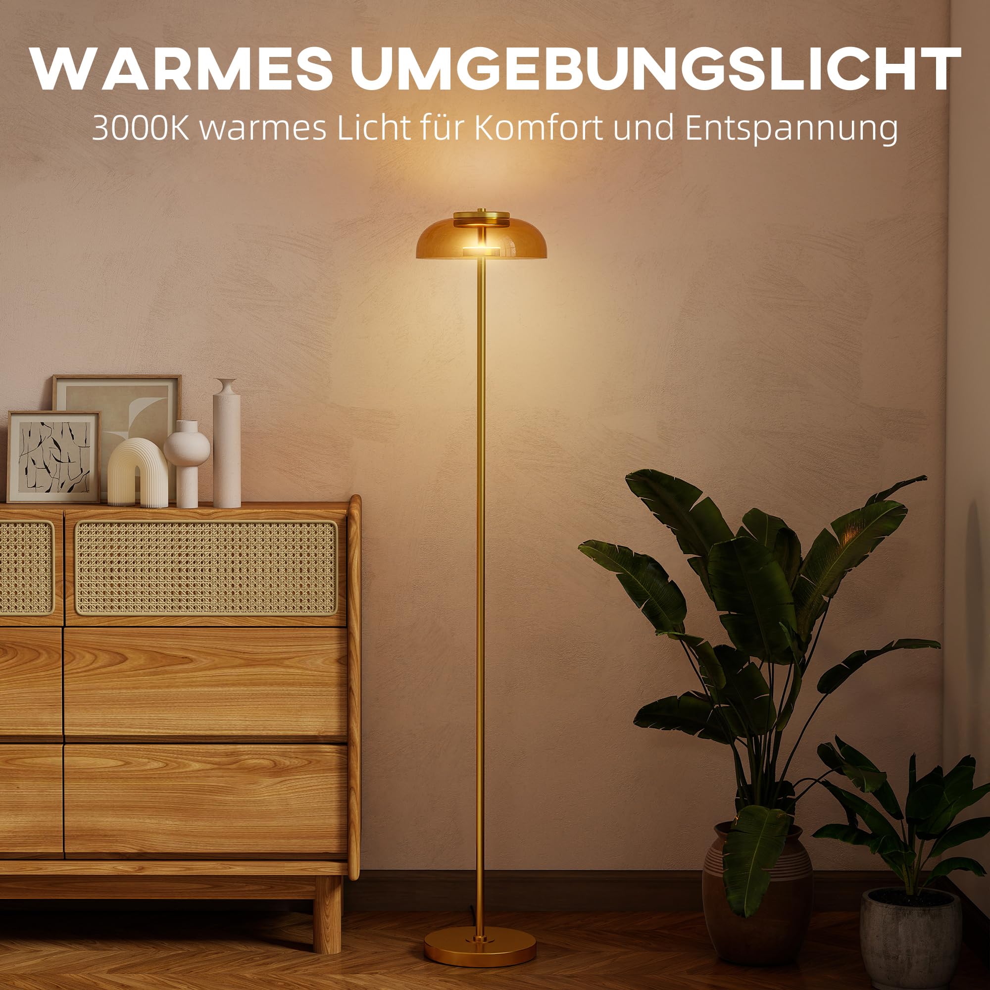 HOMCOM LED Stehlampe für Wohnzimmer, Standleuchte, Warmes 3000K, Messing
