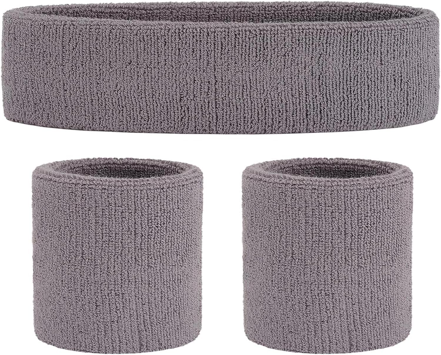 Play2fit Sweatbands Set, Moisture Wicking 2 Wristbands and 1 Headband, Breathable Terry Cloth Athletic Bands for Basketball, Tennis, Yoga, Gym, marathon Sweat Bands for Costumes (5 INCH, GREY) (B0D95RR26P) Amazon Price History, Amazon Price Tracker