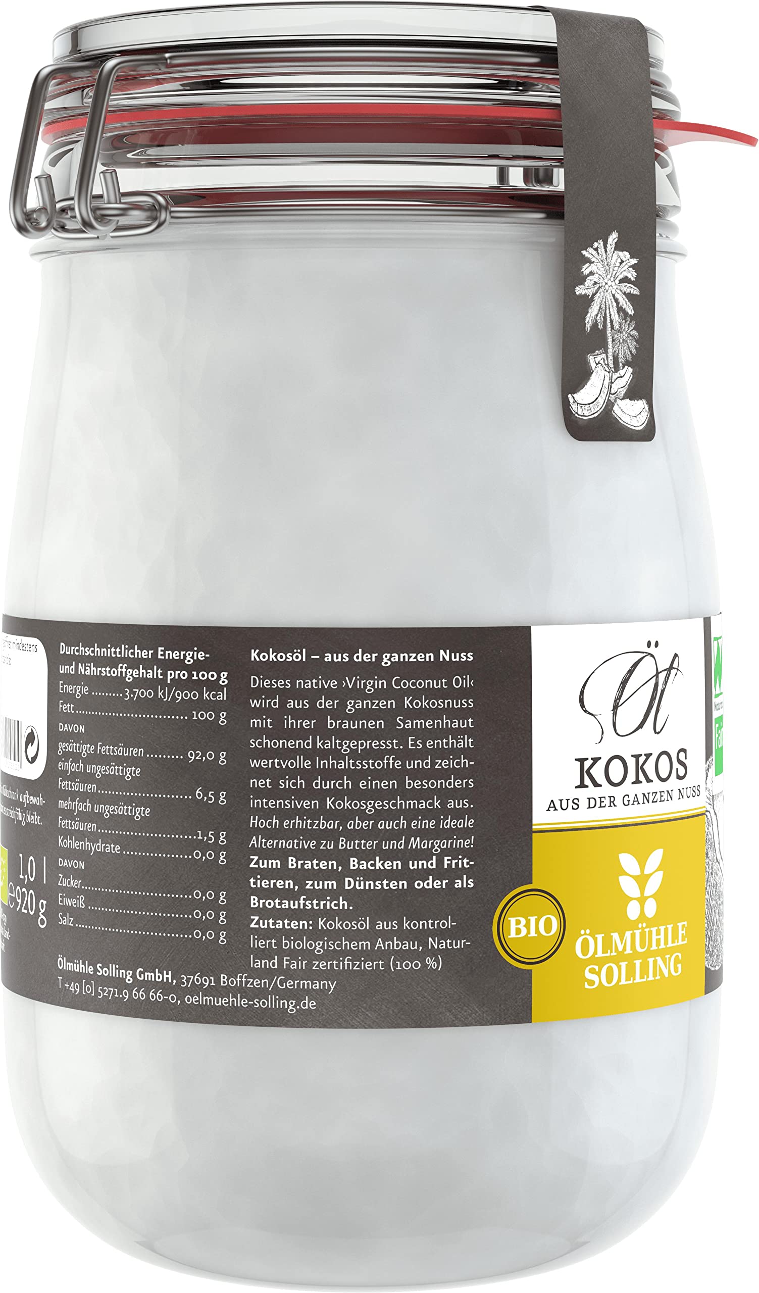 Ölmühle Solling Kokosöl - Bio & Naturland & Fair - im Bügel-Glas 2x1000ml Set