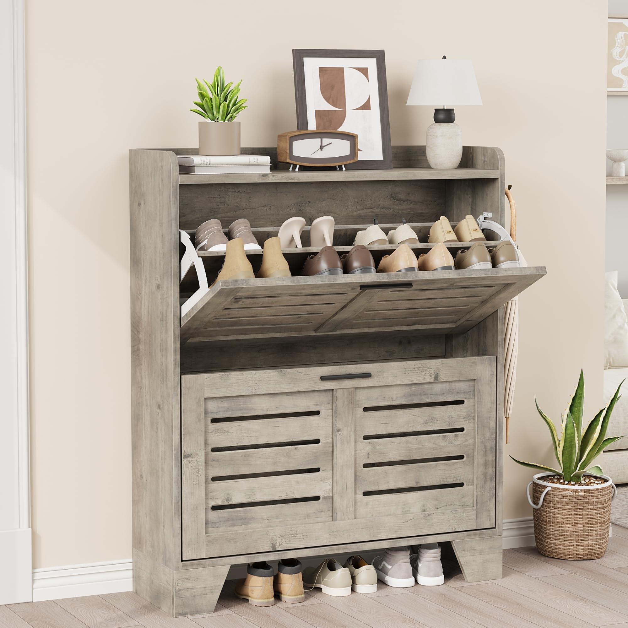 garveehome shoe cabinet storage for entryway, narrow shoe cabinet with 2 flip drawers, freestanding hidden slim shoe organizer cabinet with hooks for foyer, hallway, garage, gray