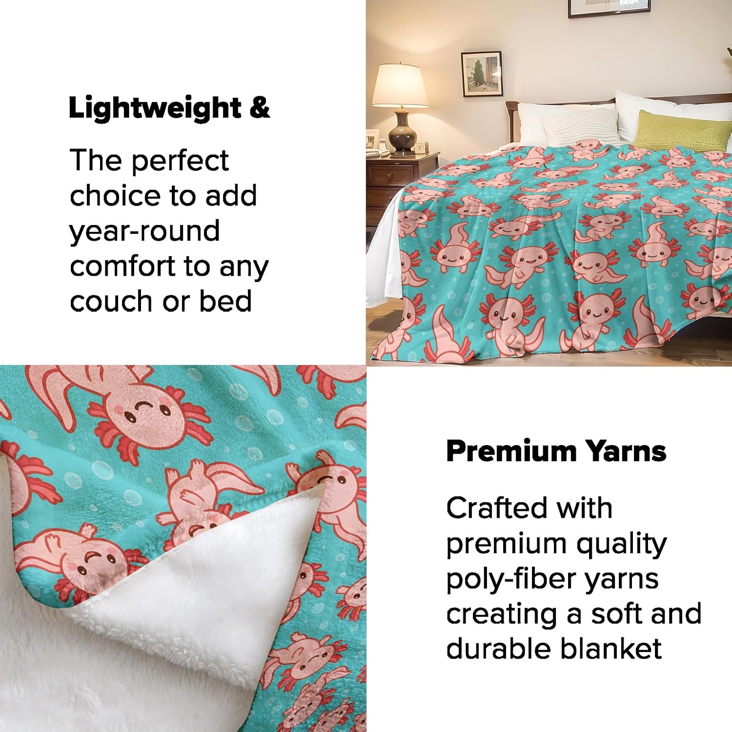 Cute Axolotl Throw Blanket Gifts for Adults Kids, Pink Axolotls Blankets for Living Room Bedroom Decor, Fuzzy Warm Flannel Plush 50"x60" - Image 4