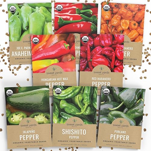 Paquete variado de semillas de pimiento picante orgánico – 7 paquetes únicos sin OMG certificado USDA orgánico Sweet Yards Seed Co