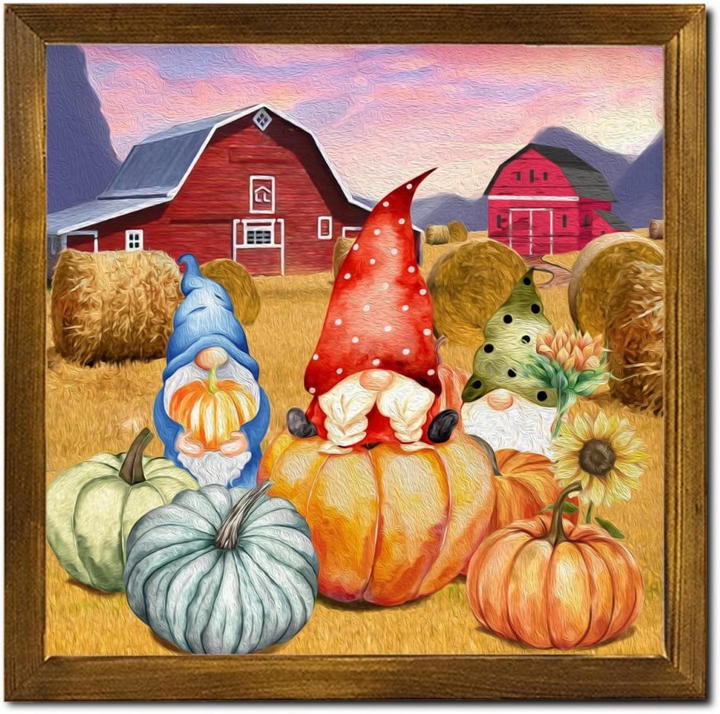 Thanksgiving Pumpkin Farm Barn Wooden Framed Sign Gnome Sunflower Wall Decor Sign Farmhouse Harvest Thanksgiving Wall Decor Farmhouse Rustic Wooden for Entryway Porch Bar Pub Party 12x12 inch