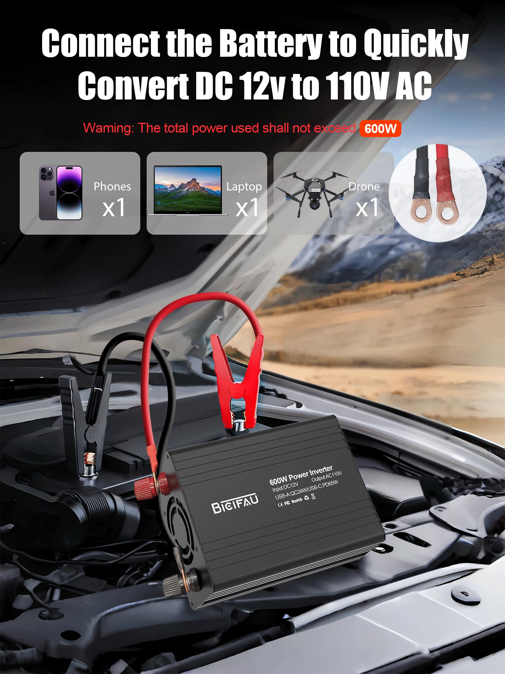 Falownik samochodowy 600 W: przekształca 12 V DC w 110 V AC z wygodnymi portami USB i dwoma gniazdami AC