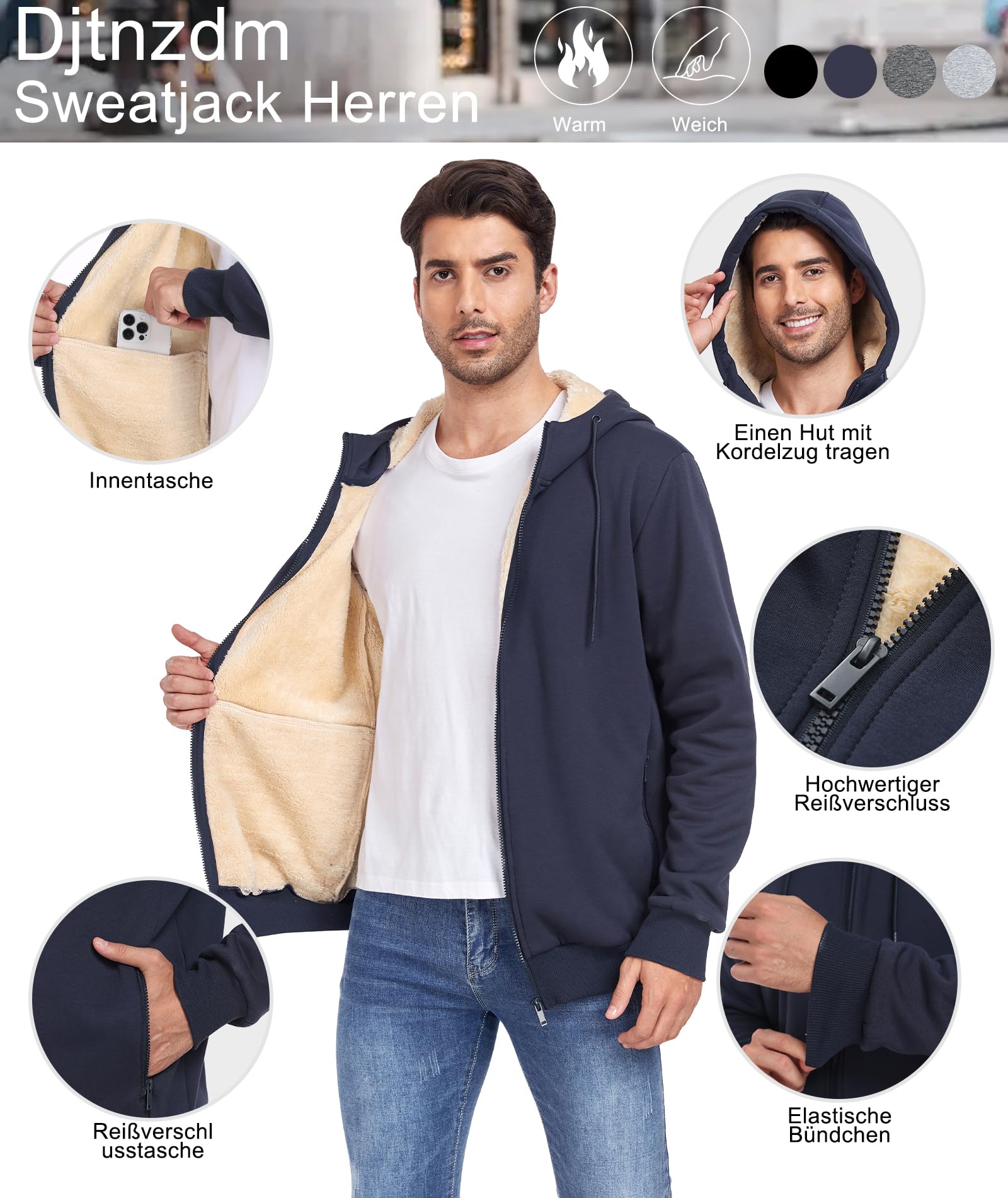 Djtnzdm Felpa con Cappuccio e Zip Uomo Inverno Felpa in Pile Caldo Casual Hoodie con Cerniera Uomo Tasche Giacca Termica con Zip