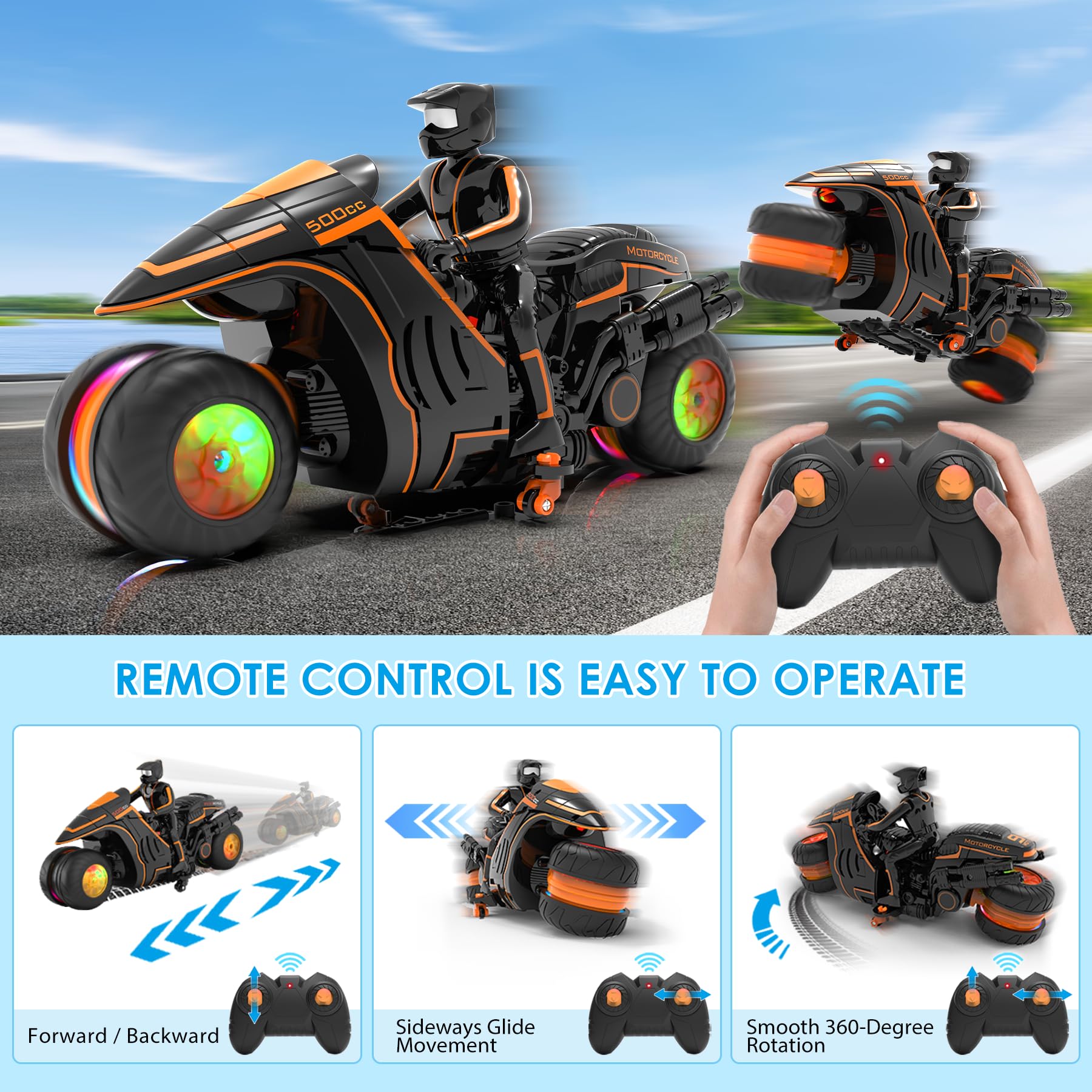 Motocicleta de control remoto con luces RGB y deslizamiento lateral exclusivo | Listo para jugar con 2 baterías | Bicicleta de acrobacias RC de 2.4 GHz Regalo para niños de 5 a 12 años 3