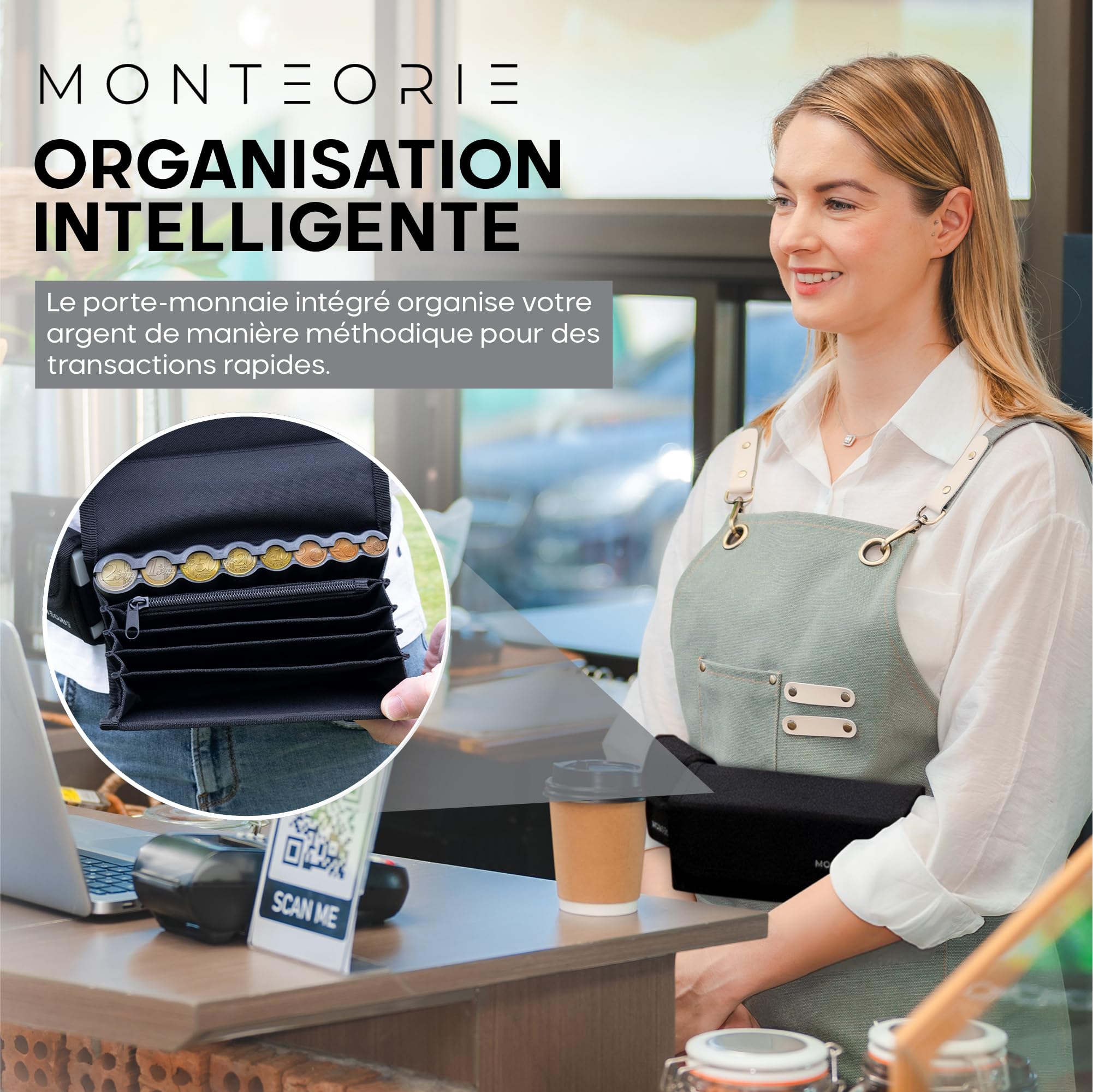 Sacoche de Service Professionnels de la Vente avec Monnayeur Euro et Compartiment TPE Carte Bancaire - Sacoche Ceinture Sécurisée avec Verrou et Fermetures AimantéES