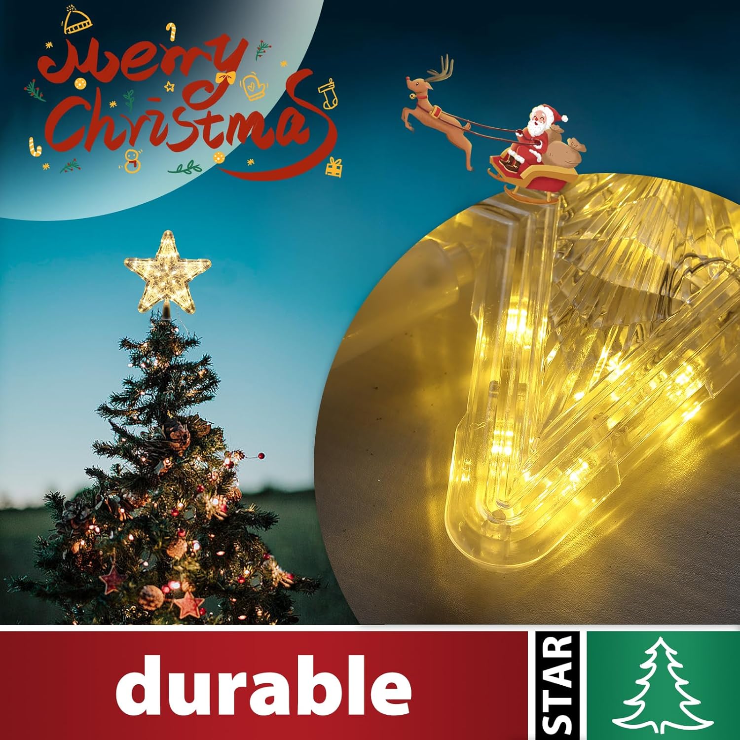 Christmas Tree Topper Star, Lighted Stars Xmas Holiday Decorations Treetopper, 9" Glitter Silver Star with LED Lights, Holder Clips on Artificial Real Trees, New Year Ornaments Classic Large Stars - Image 6