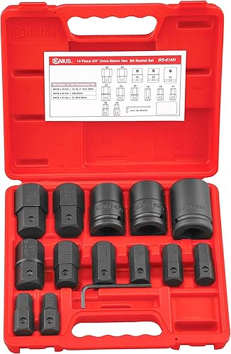 Genius Tools Juego de llaves de vaso hexagonal métricas Dr. de 14 piezas de 3/4" BS-614H