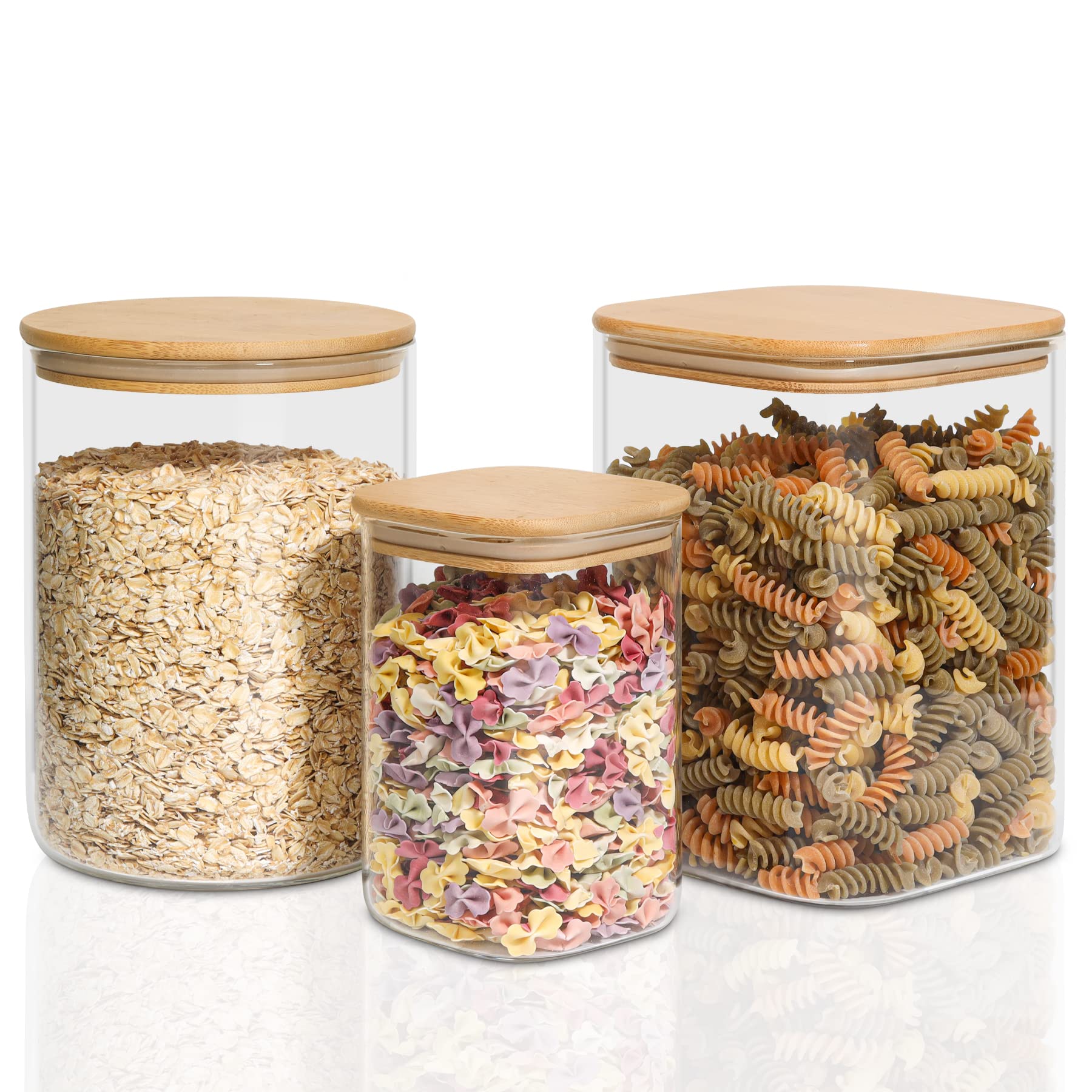 ComSaf 101/111/37 oz Glass Food Storage Containers, Glass Flour and Sugar Containers with Airtight Lids, Large Square Glass Jars with Bamboo Lids for Rice, Pasta, Oats, Grains, Cookies, Coffee Beans