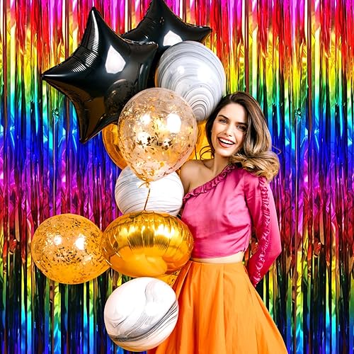 Miniatura 7 de Paquete de 3 cortinas de flecos de papel de aluminio arcoíris, 3.28 pies x 8.2 pies, cortinas metálicas de oropel con flecos para cabina de fotos,