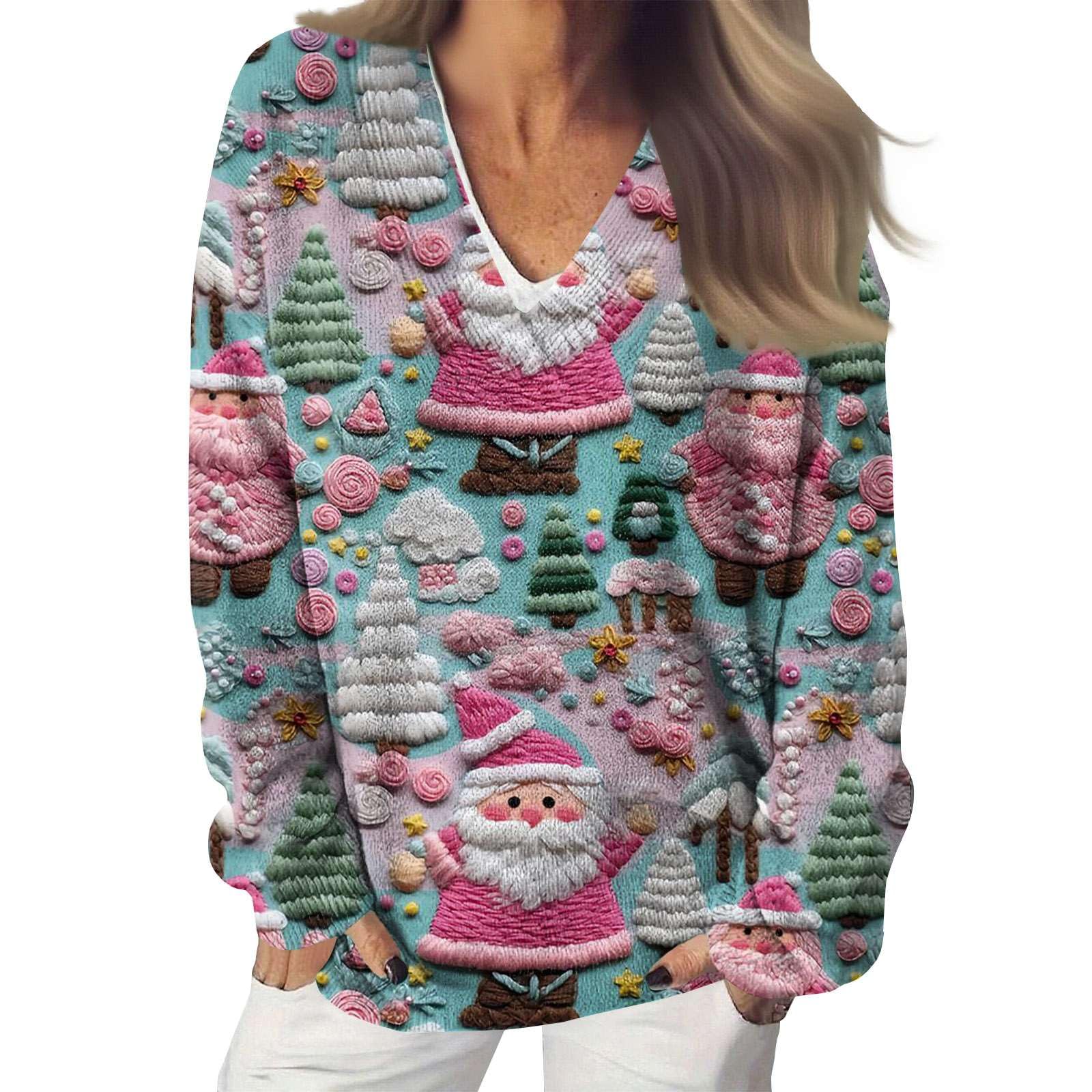 Womens V-Neck Long-Sleeved Faux Sweater Loose Christmas Tree Graphic Sweatshirts Xmas Print Pullover