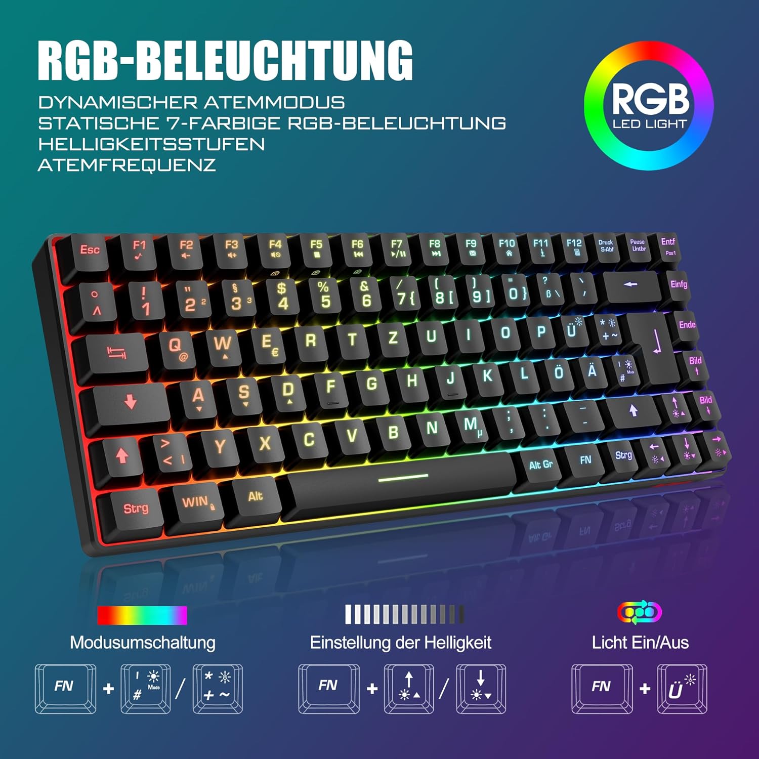 RedThunder 75% Kabelloses Gaming Tastatur und Maus Set, QWERTZ DE Layout, 85 Tasten TKL Wiederaufladbare Kompakte Tastatur, Ultraleichte 7200DPI-Maus mit Wabenkonstruktion für PC MAC PS5 Xbox Gamer - 3