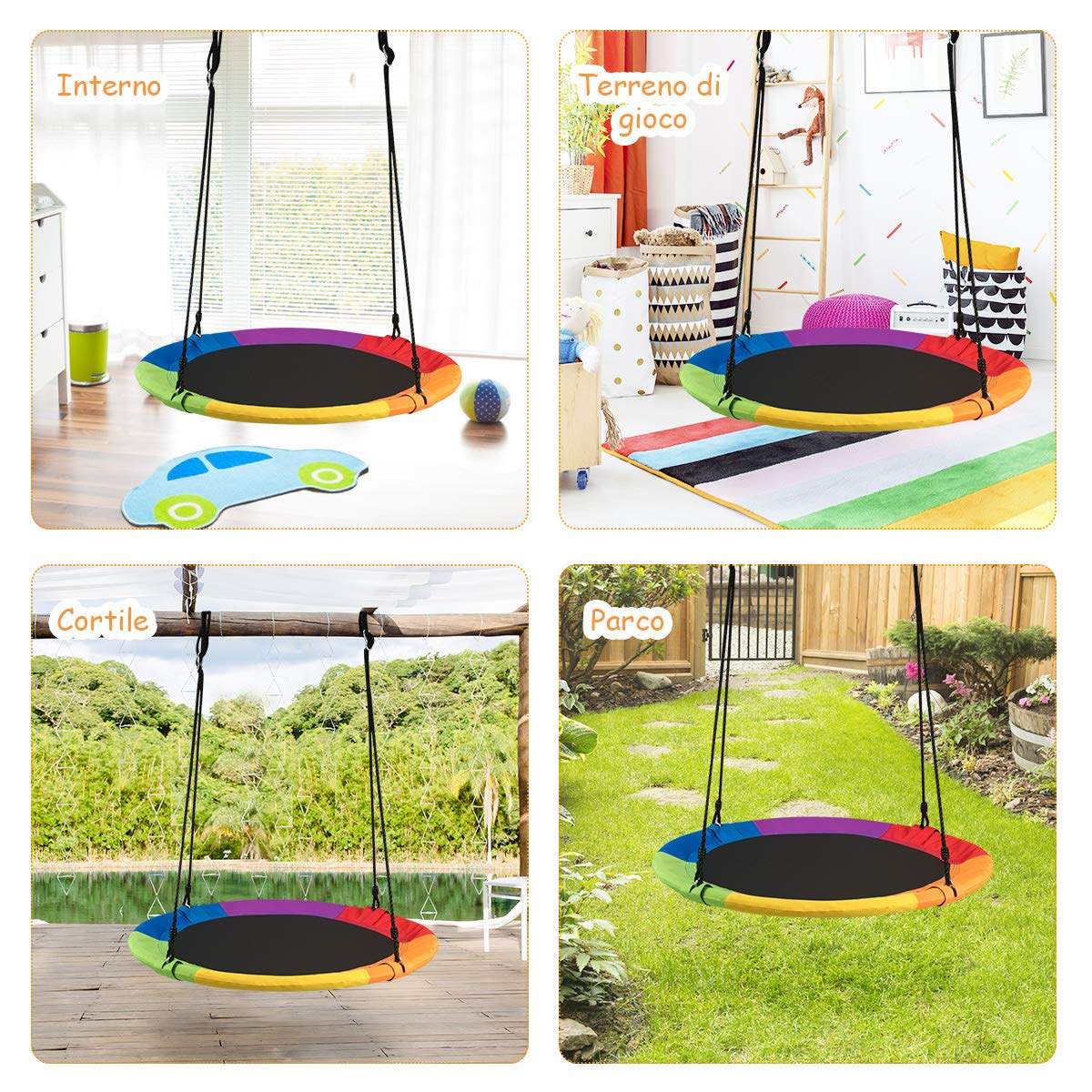 RELAX4LIFE Altalena da Giardino per Bambini, Rotonda a Nido per Esterno e Interno, Altezza Regolabile 100-160cm, per 2-3 Bambini, Carico massimo: 150kg (Colorato)